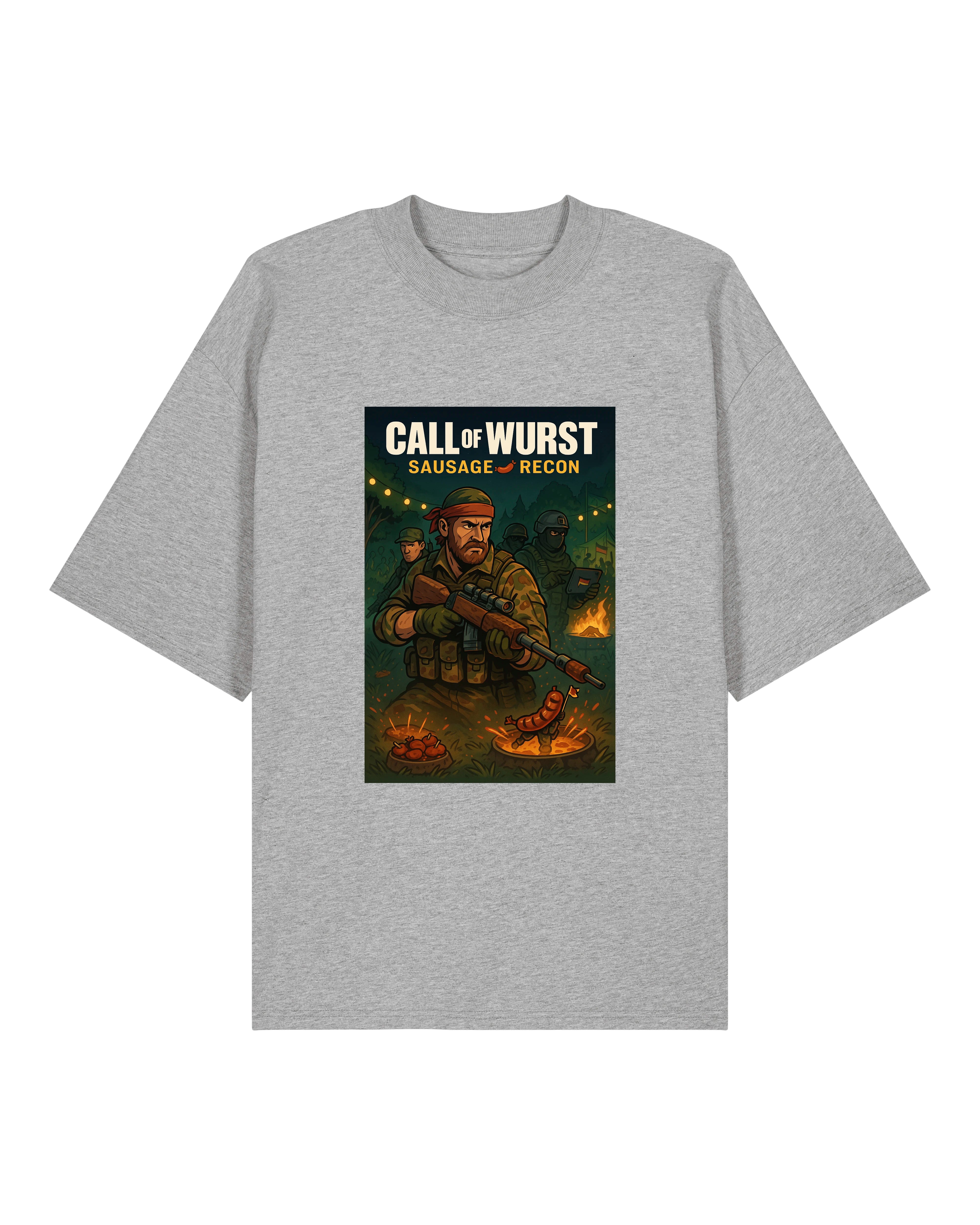 Graues T-Shirt mit humorvollem BBQ-Motiv: Soldaten im Einsatz, Lagerfeuer und Würstchen in Action.