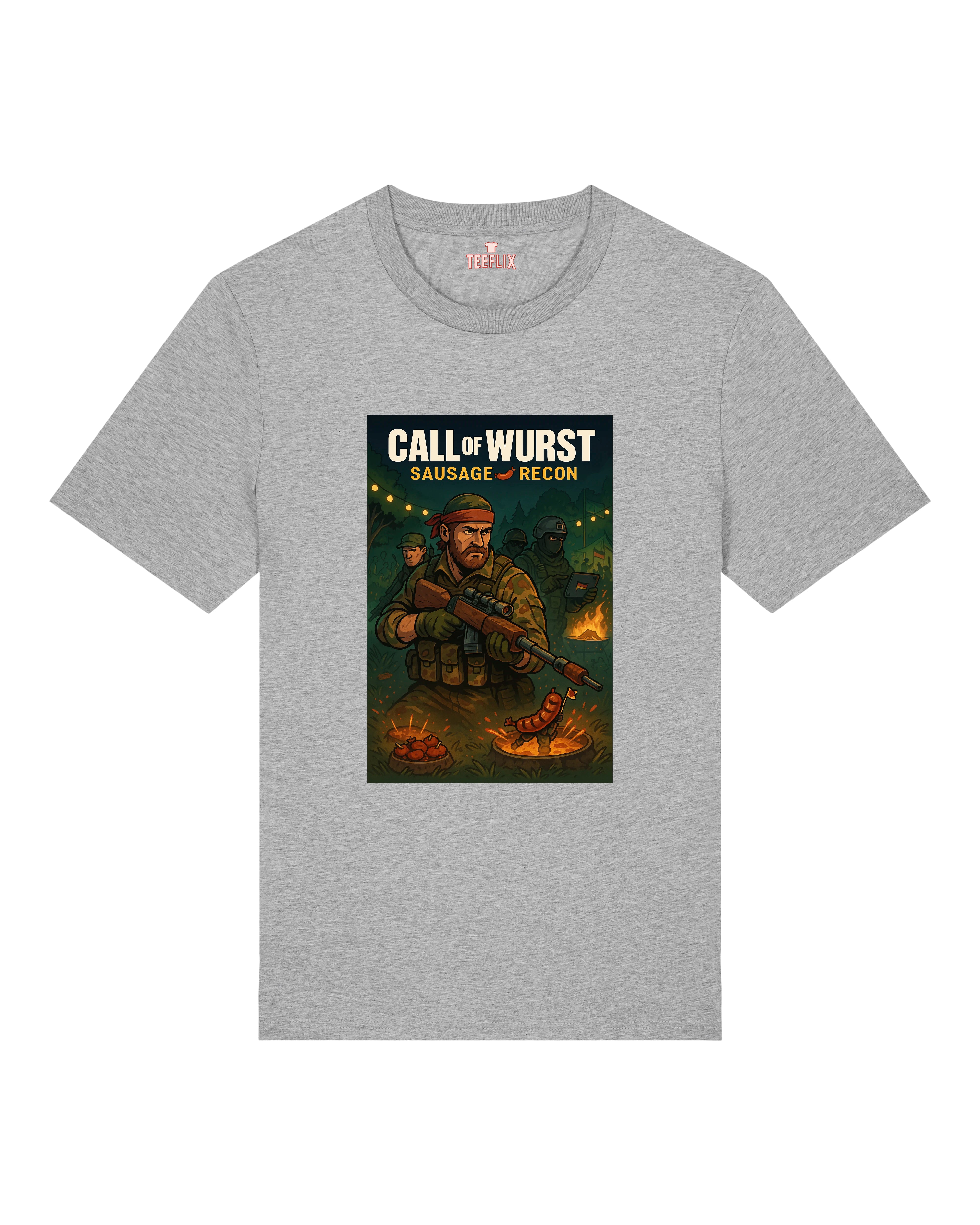 Graues T-Shirt mit humorvollem BBQ-Motiv: Soldaten im Einsatz, Lagerfeuer und Würstchen in Action.