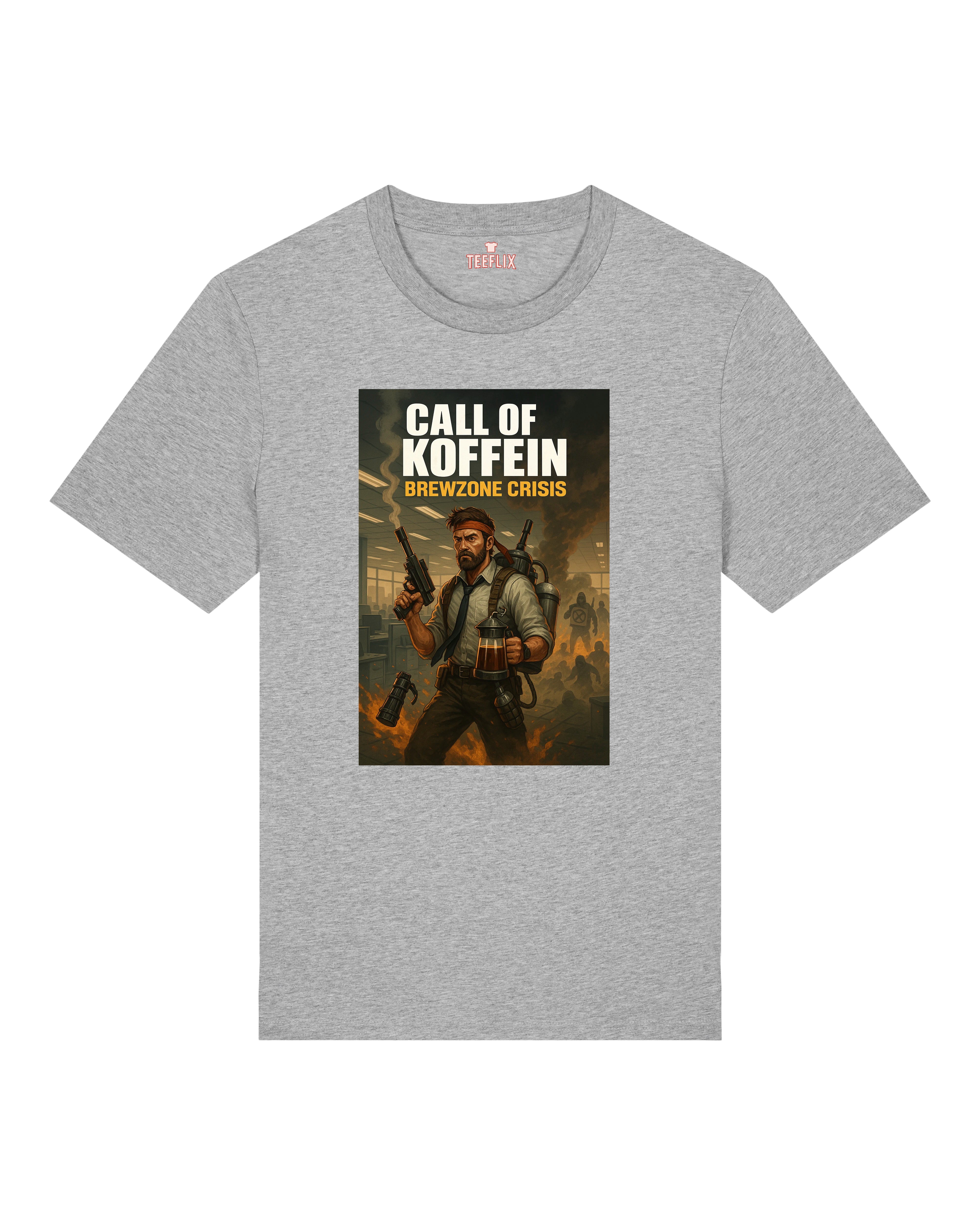 Graues T-Shirt mit „Brewzone Crisis“-Motiv, inspiriert von Gaming und Kaffeekultur, ideal für Büro-Überlebenskünstler.