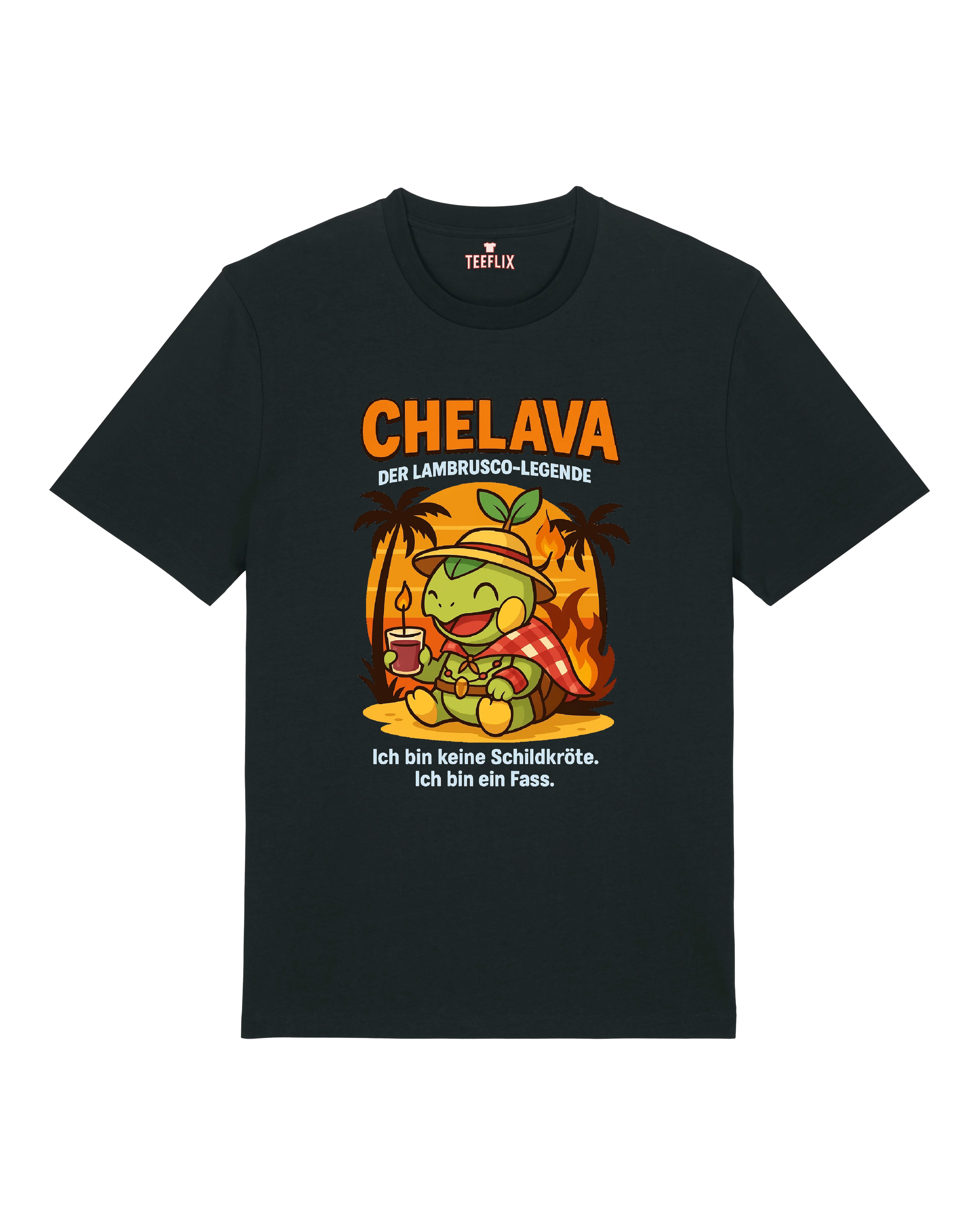 T-Shirt in Schwarz, Grau und Weiß mit dem Charakter „Chelava“, einer lässigen Schildkröte vor Sonnenuntergang mit Lambrusco-Glas.