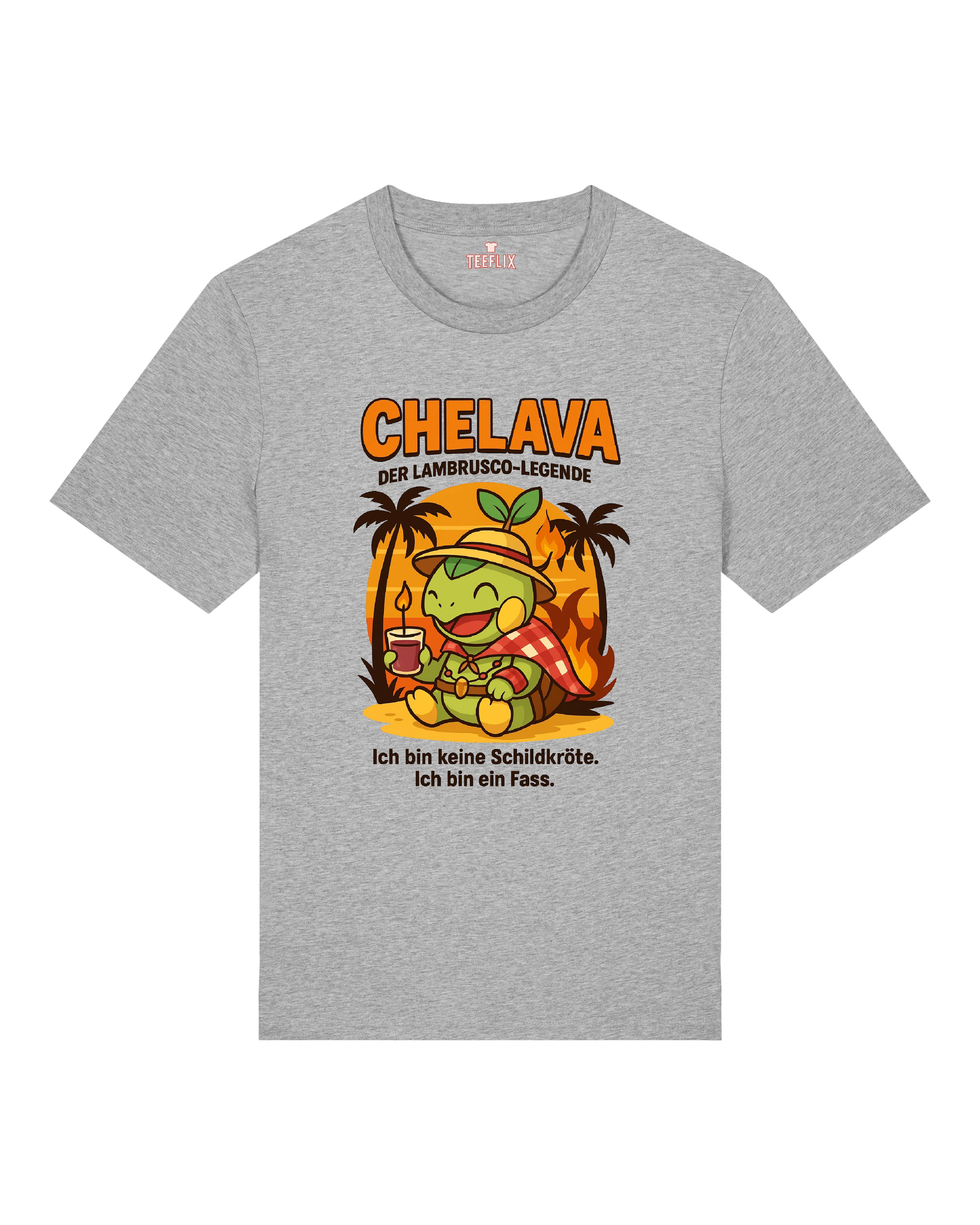 T-Shirt in Schwarz, Grau und Weiß mit dem Charakter „Chelava“, einer lässigen Schildkröte vor Sonnenuntergang mit Lambrusco-Glas.