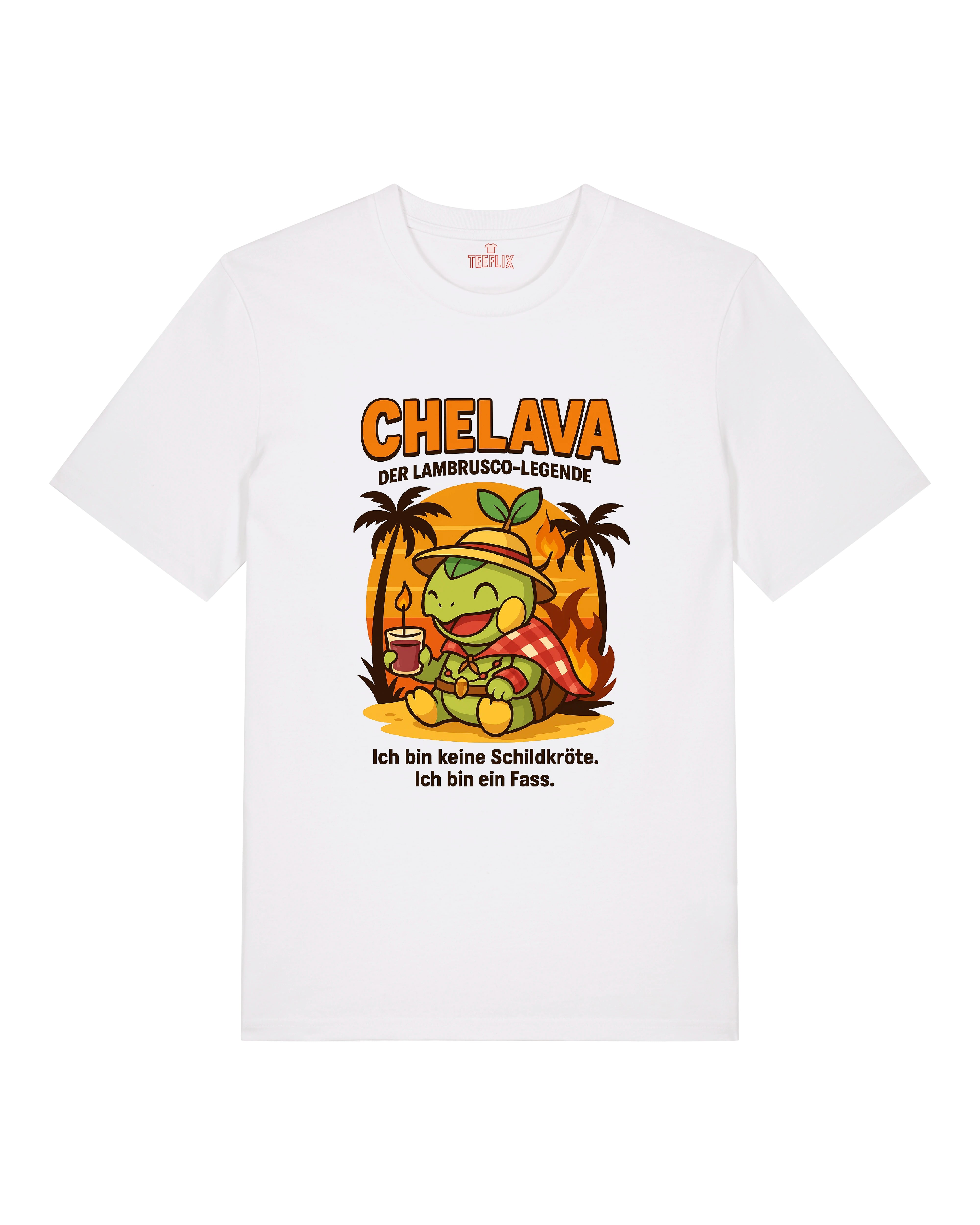 T-Shirt in Schwarz, Grau und Weiß mit dem Charakter „Chelava“, einer lässigen Schildkröte vor Sonnenuntergang mit Lambrusco-Glas.