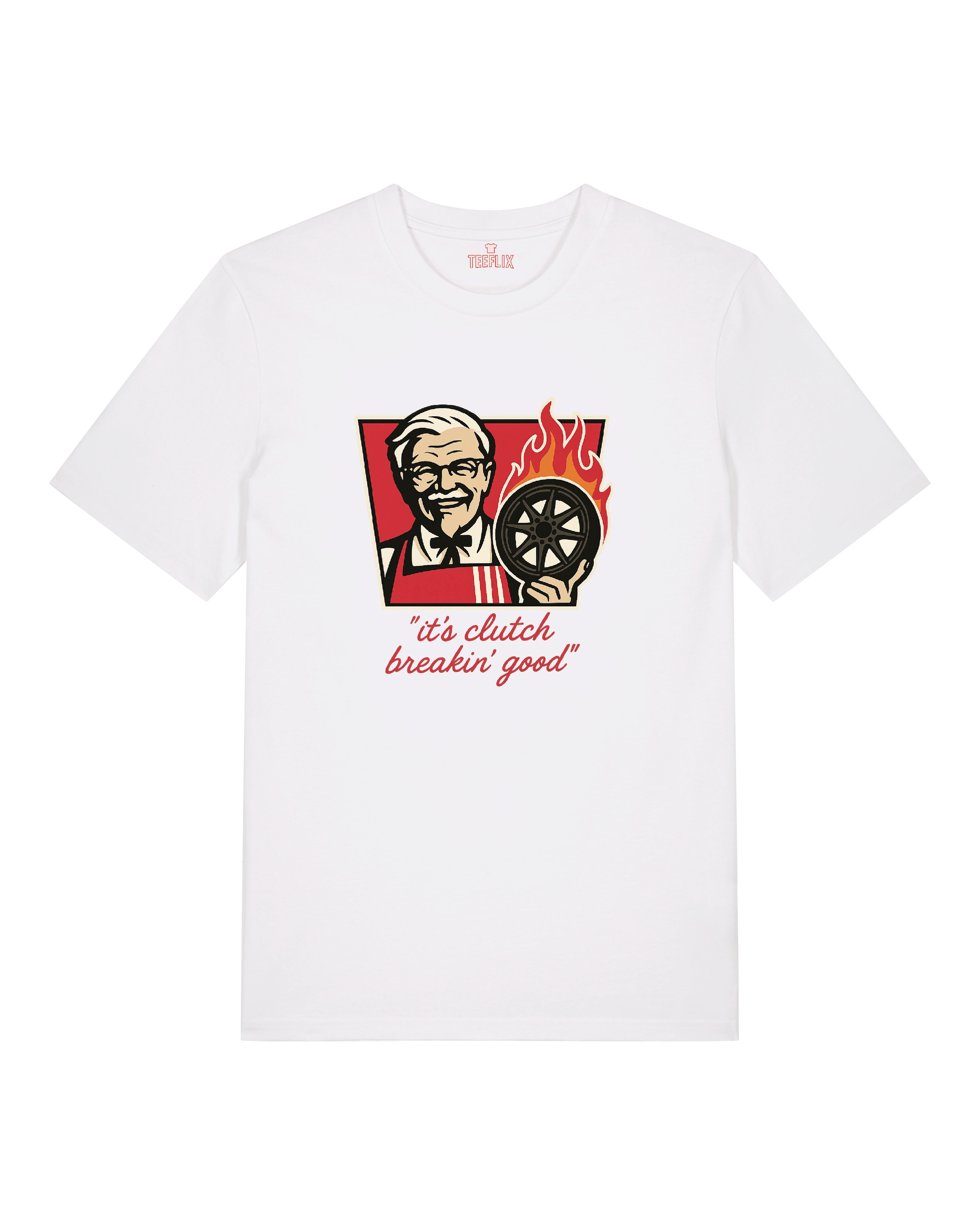 Weißes KFZ T-Shirt mit brennender Kupplung im Retro-Stil