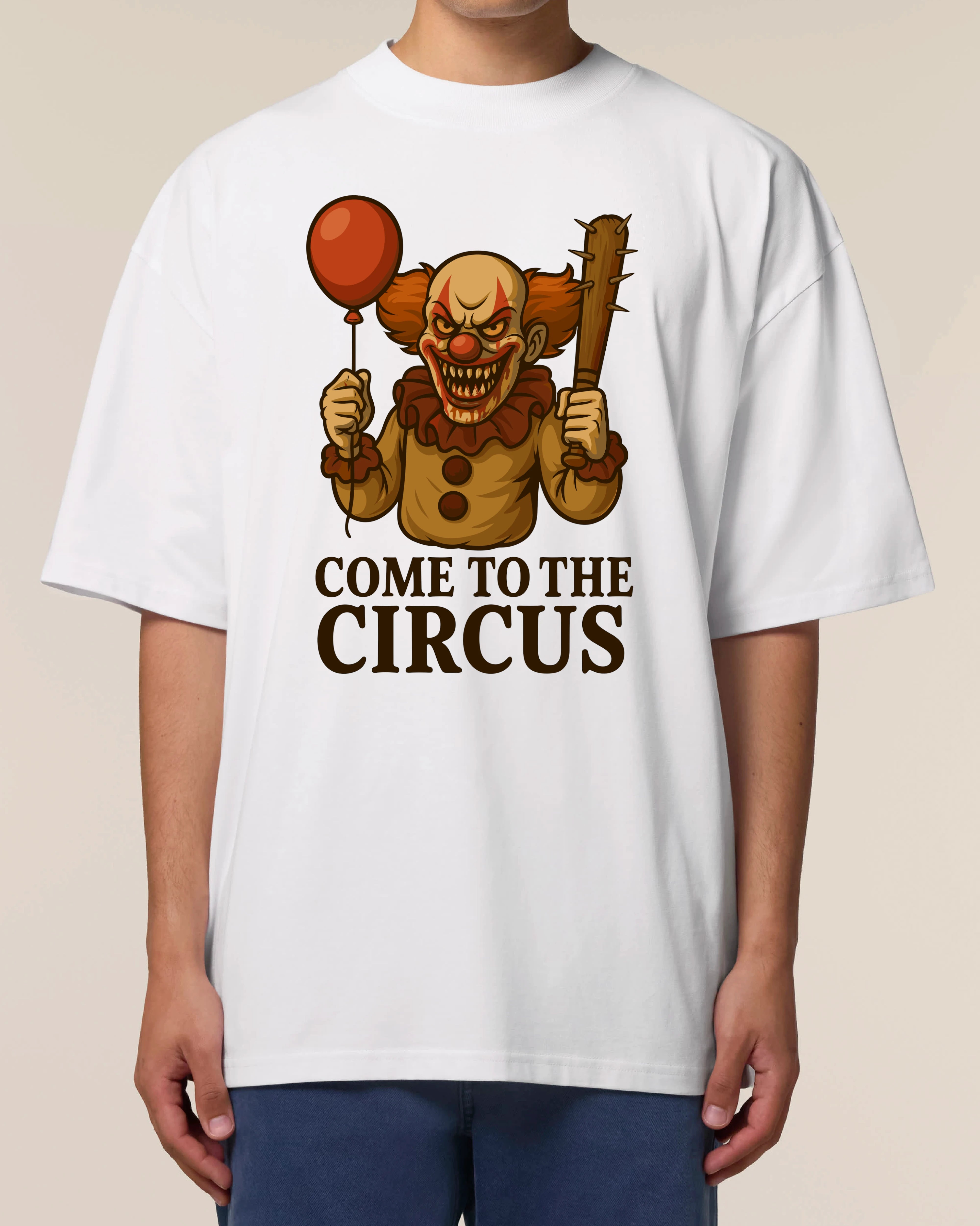 Come to the Circus Halloween Shirt in Weiß – Oversized, Lustiges Horror Spruchshirt mit Killerclown, 100% Bio-Baumwolle, Teeflix