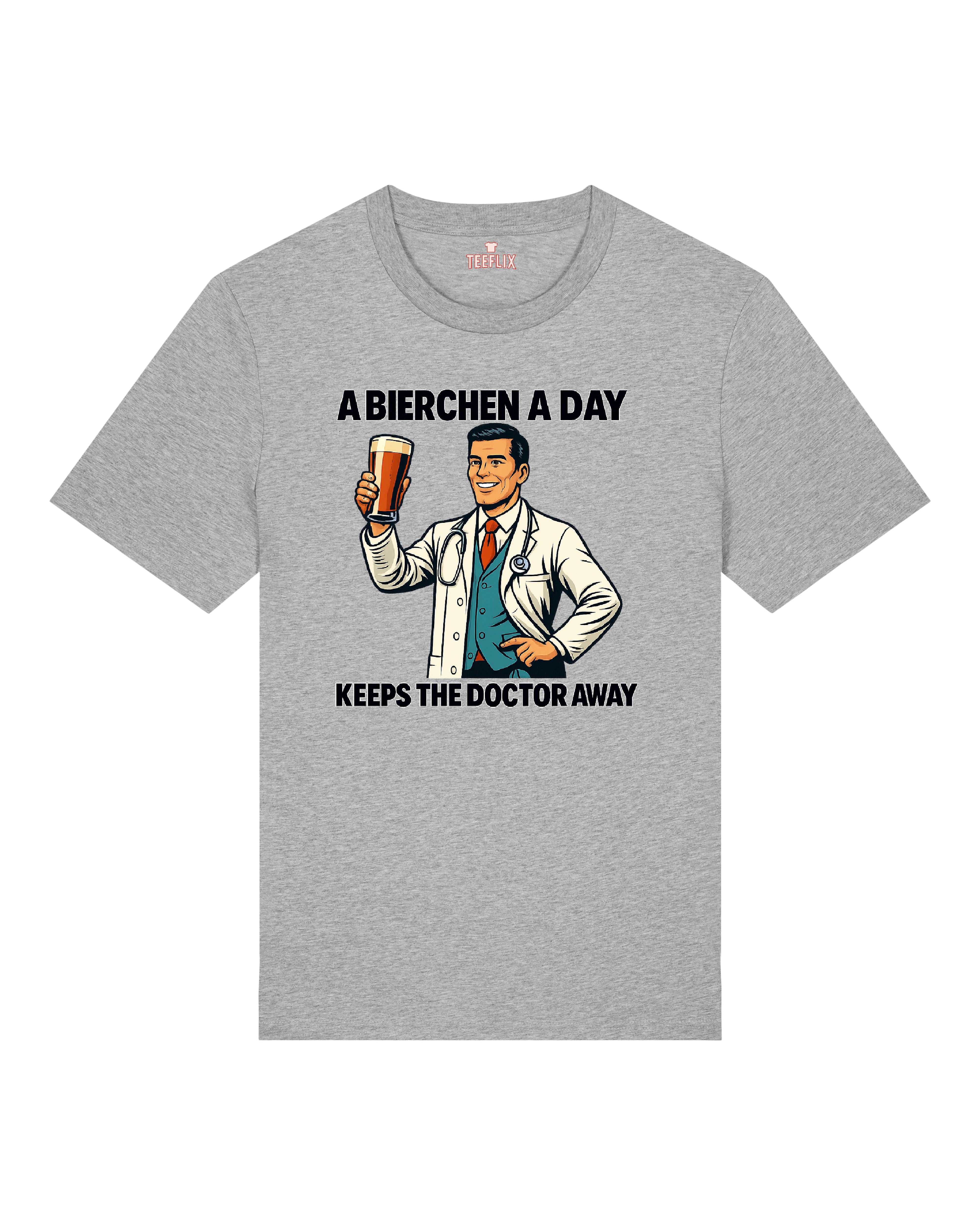 Graues T-Shirt mit Cartoon-Arzt und Text „A Bierchen a Day…“