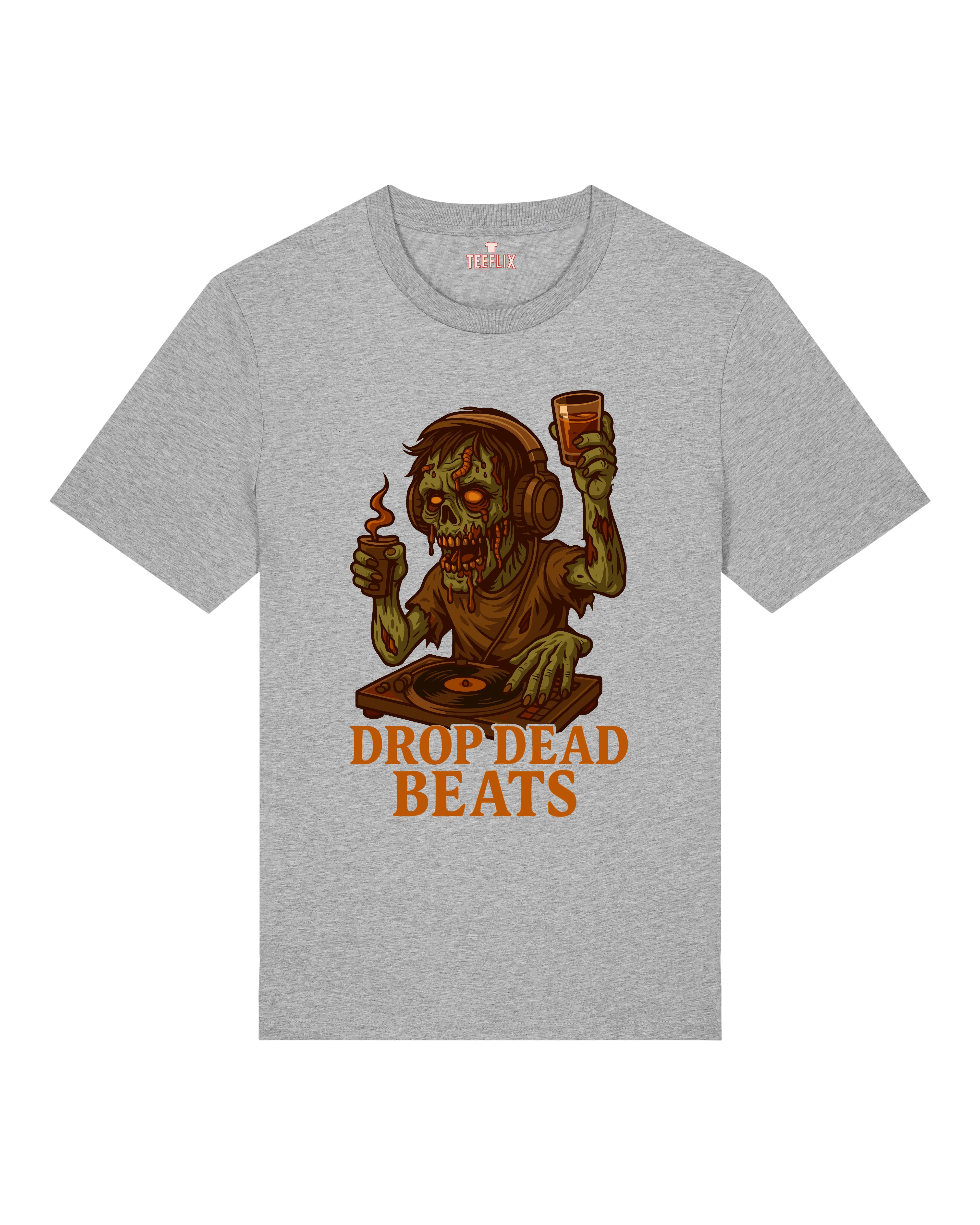 Drop Dead Beats Zombie Halloween Shirt in Grau – Lustiges Horror Spruchshirt, Unisex Normal, 100% Bio-Baumwolle, Teeflix
