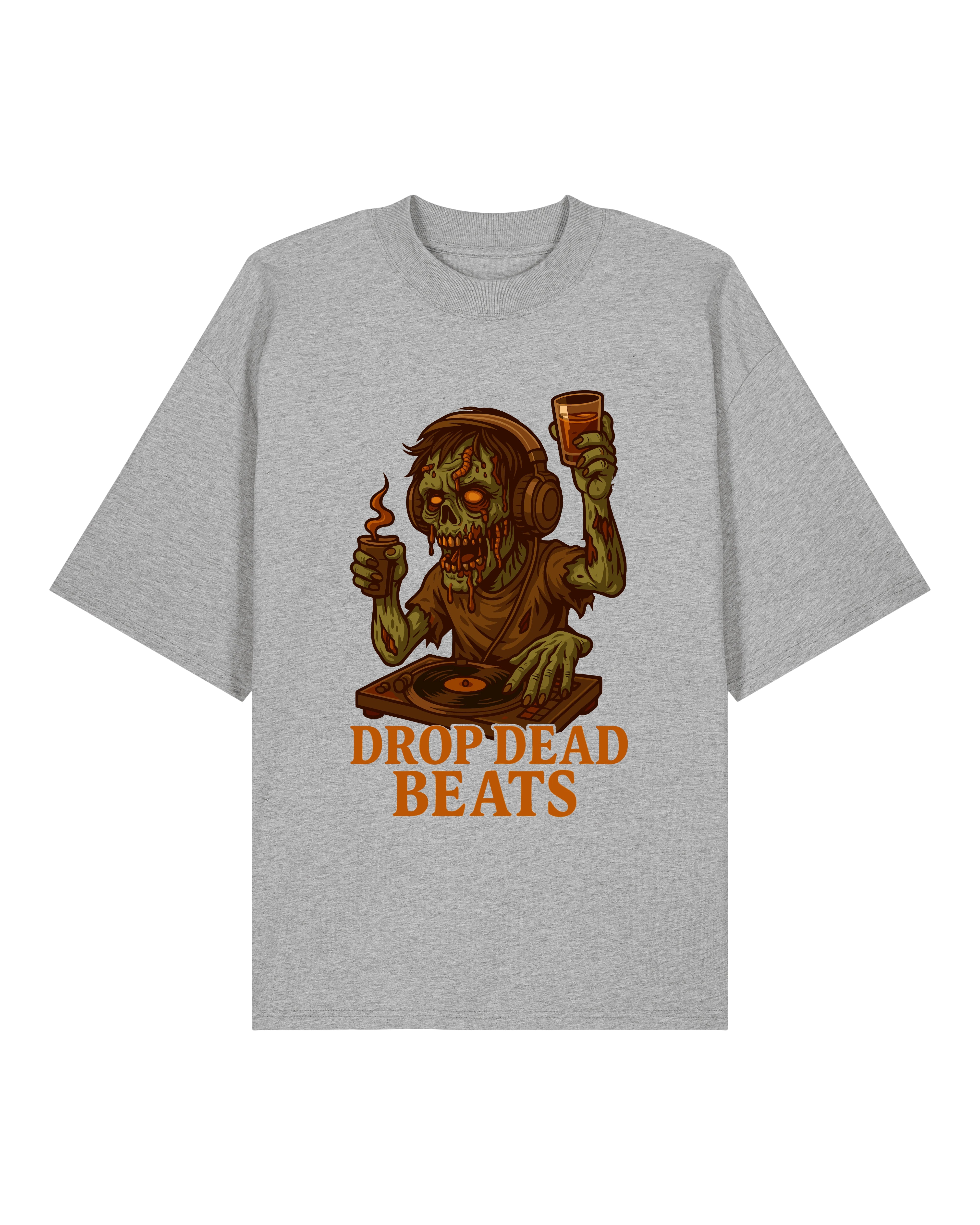 Drop Dead Beats Zombie Halloween Shirt in Grau – Oversized, Lustiges Horror Spruchshirt, 100% Bio-Baumwolle, Teeflix