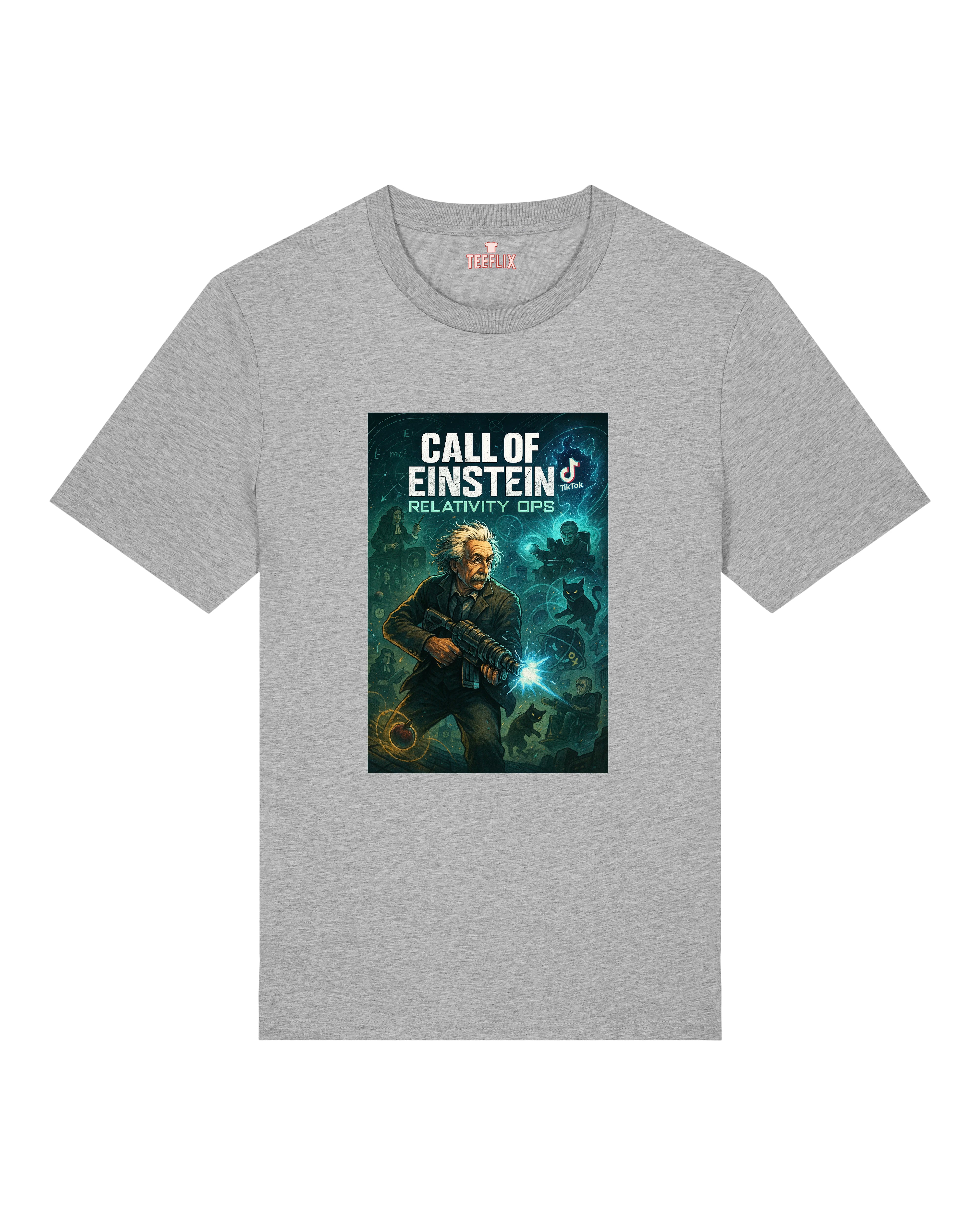 Ein graues T-Shirt mit humorvollem Sci-Fi-Motiv: Einstein als Soldat im Relativitätskrieg – ein Must-have für Geeks und Gamer.