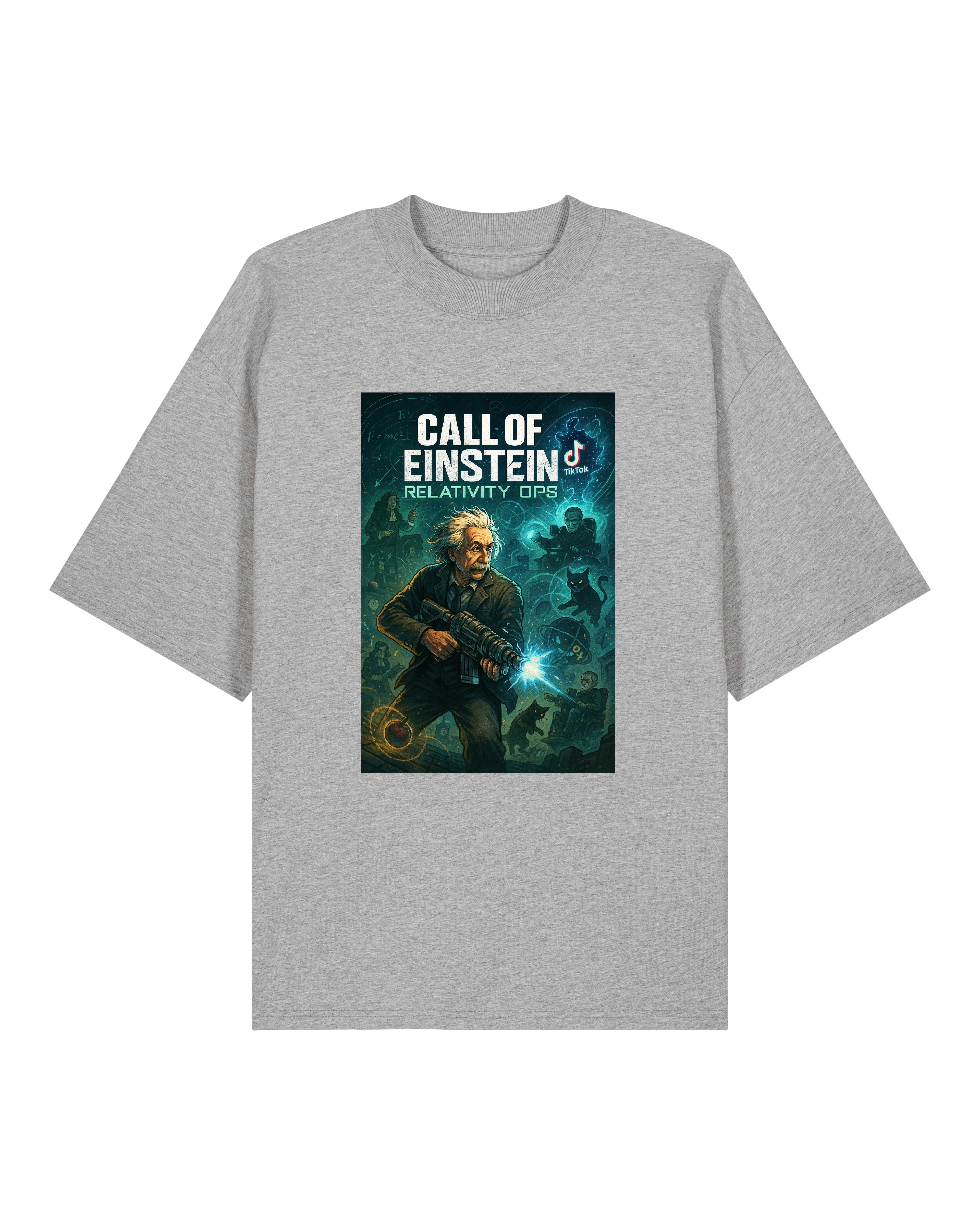 Ein graues T-Shirt mit humorvollem Sci-Fi-Motiv: Einstein als Soldat im Relativitätskrieg – ein Must-have für Geeks und Gamer.