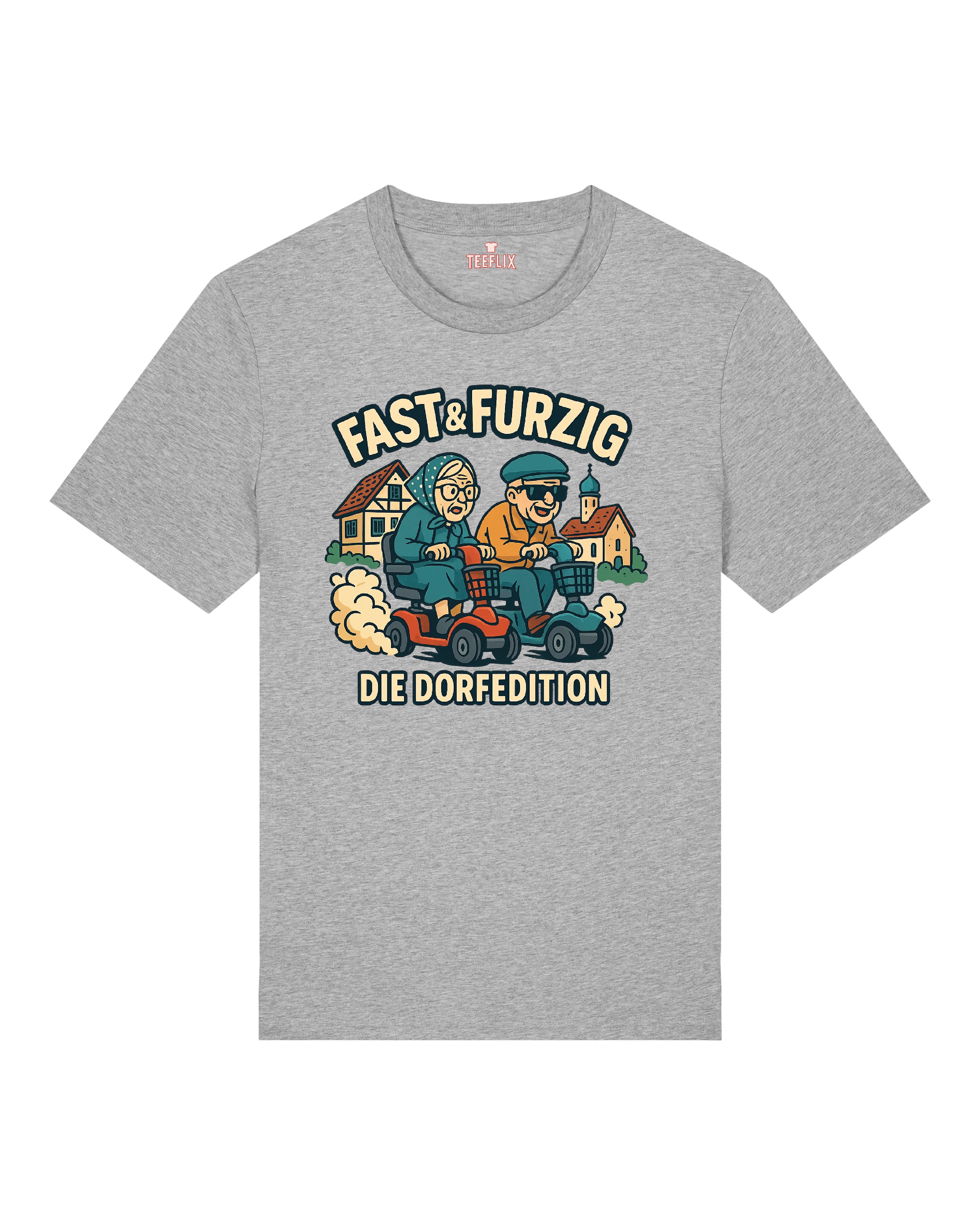 Auf dem Shirt ist ein humorvoll gezeichneter Wettkampf zweier älterer Menschen zu sehen: Beide sitzen auf elektrischen Rollatoren‑Scootern in Rot und Blau. Sie tragen Alltagskleidung, eine Person eventuell mit Kopftuch, die andere mit Schirmmütze und Sonnenbrille. Im Hintergrund ein idyllisches Dorf mit Fachwerkhäusern und Kirchturm. Darüber der Slogan „Fast & Furzig“, darunter „Die Dorfedition“. Stilisiert im Comic‑Look mit lebendigen Farben, auf hellem oder dunklem T‑Shirt erhältlich.