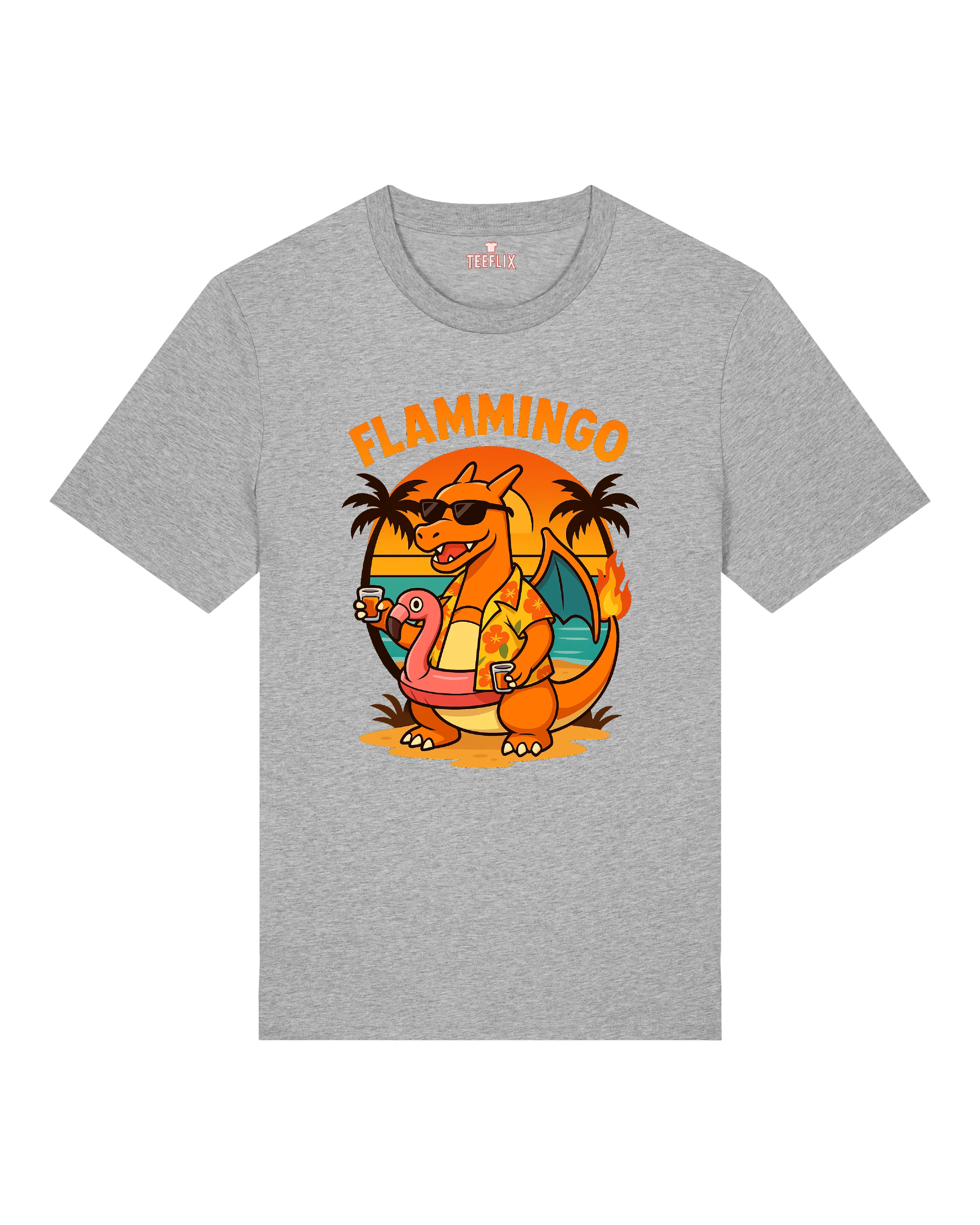 T-Shirt mit buntem „Flammingo“-Druck: Cartoon-Drachen mit Sonnenbrille, Flamingo-Badeinsel und Cocktail vor Sonnenuntergang.