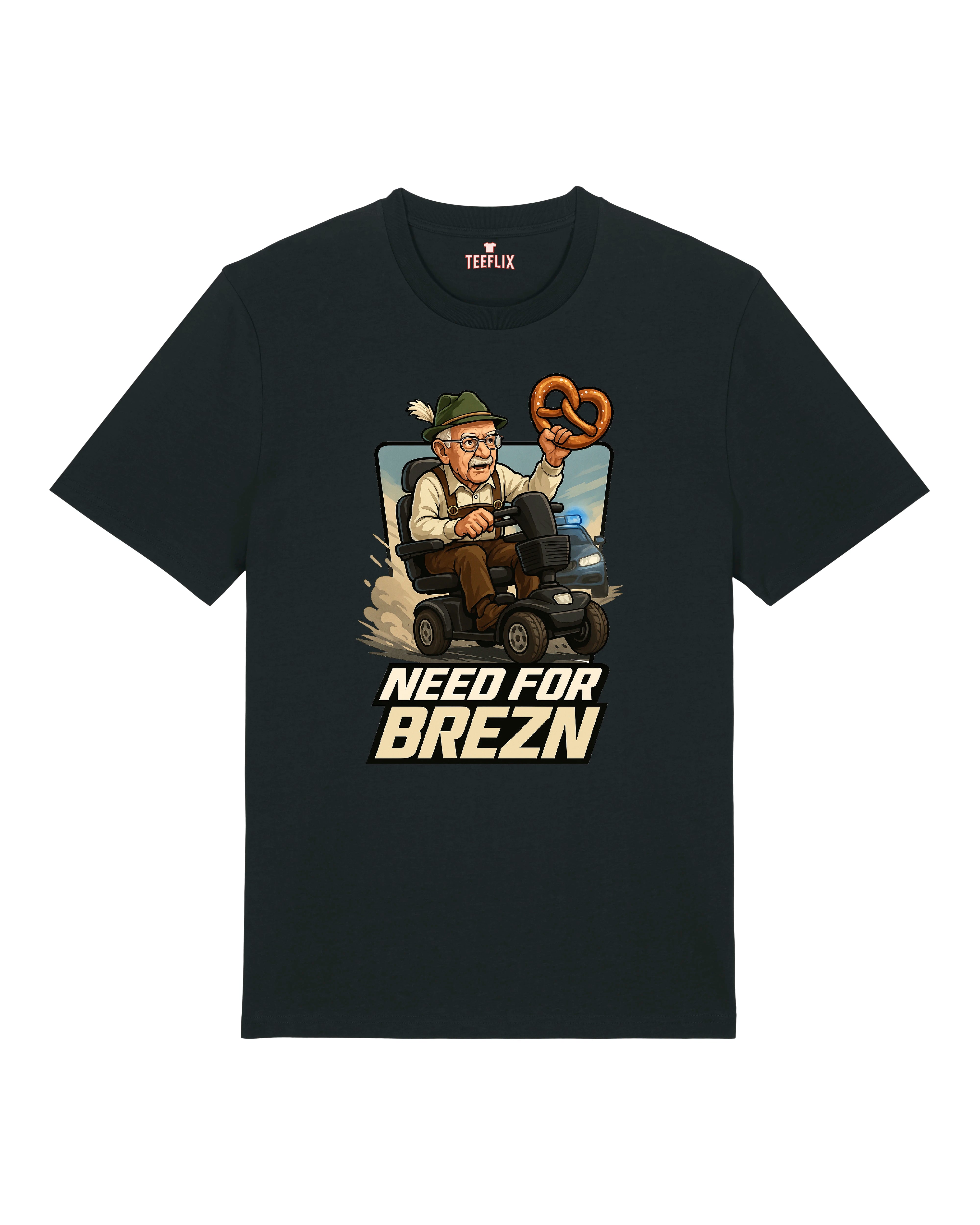 Das T-Shirt zeigt einen älteren Mann im Trachtenhut, der entschlossen auf einem E-Mobil davonrast. In der einen Hand hält er triumphierend eine große Brezel, während im Hintergrund ein Polizeiwagen auftaucht. Der Spruch „Need for Brezn“ in markanter Schrift parodiert den bekannten Filmtitel und sorgt für sofortigen Lacher. Ein echtes Highlight für alle, die bayerischen Humor und deftige Brotzeiten lieben.