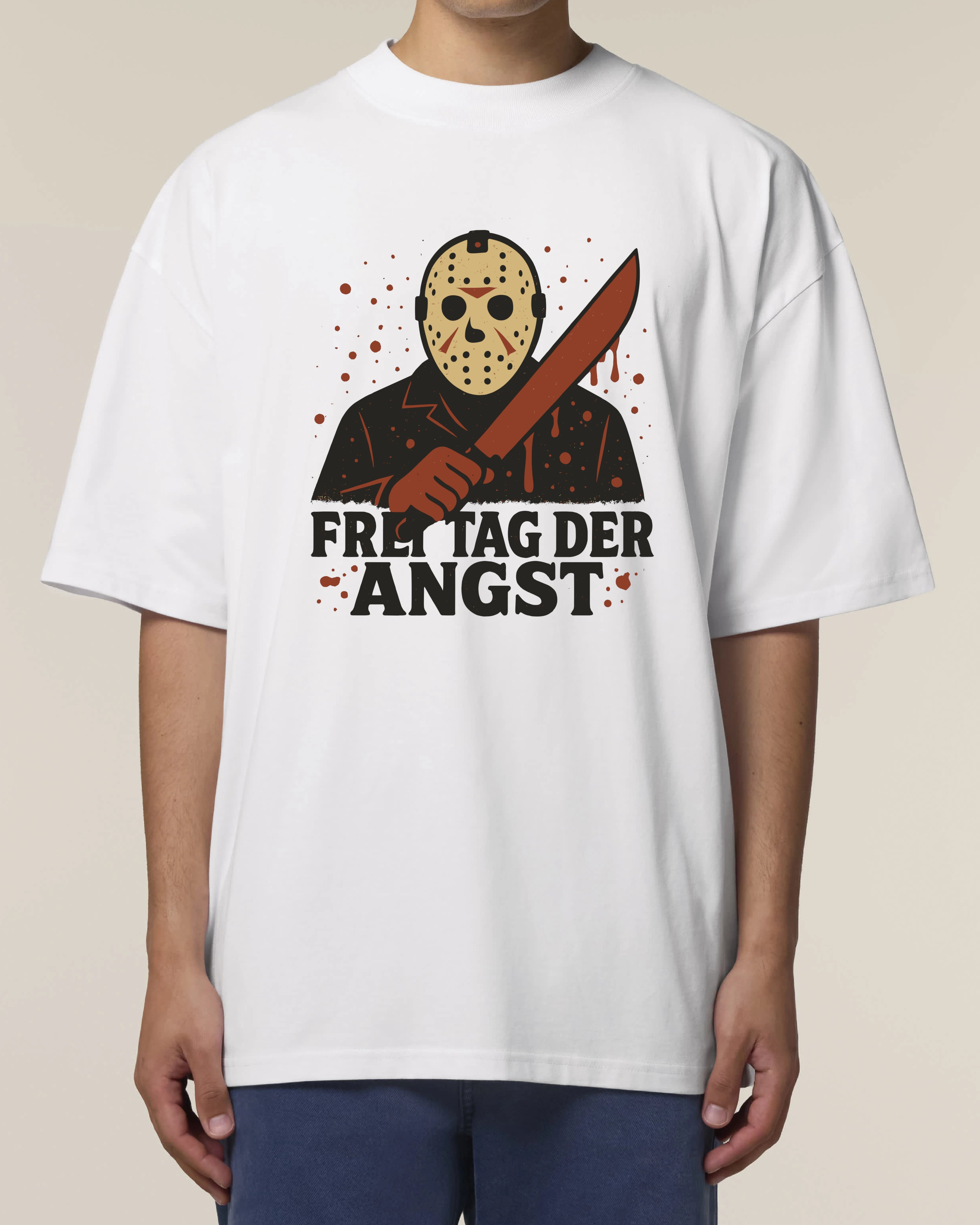 Oversized T-Shirt Weiß für Halloween mit Slasher Design – Lustiges Horror Shirt