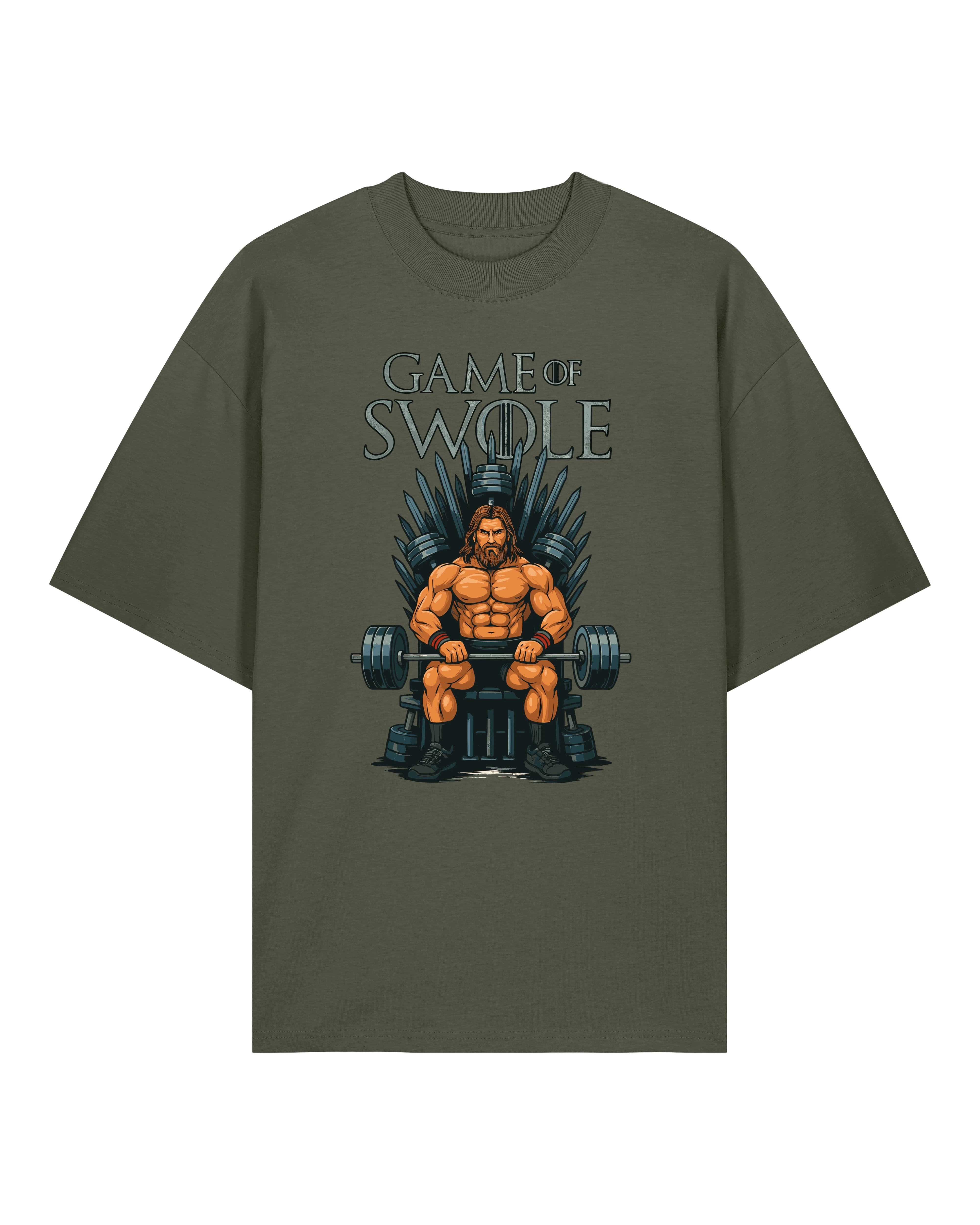Teeflix Game of Swole Oversized Gym Shirt Olivgrün – Lustiges Pump Cover Fitness Shirt Unisex Bio-Baumwolle