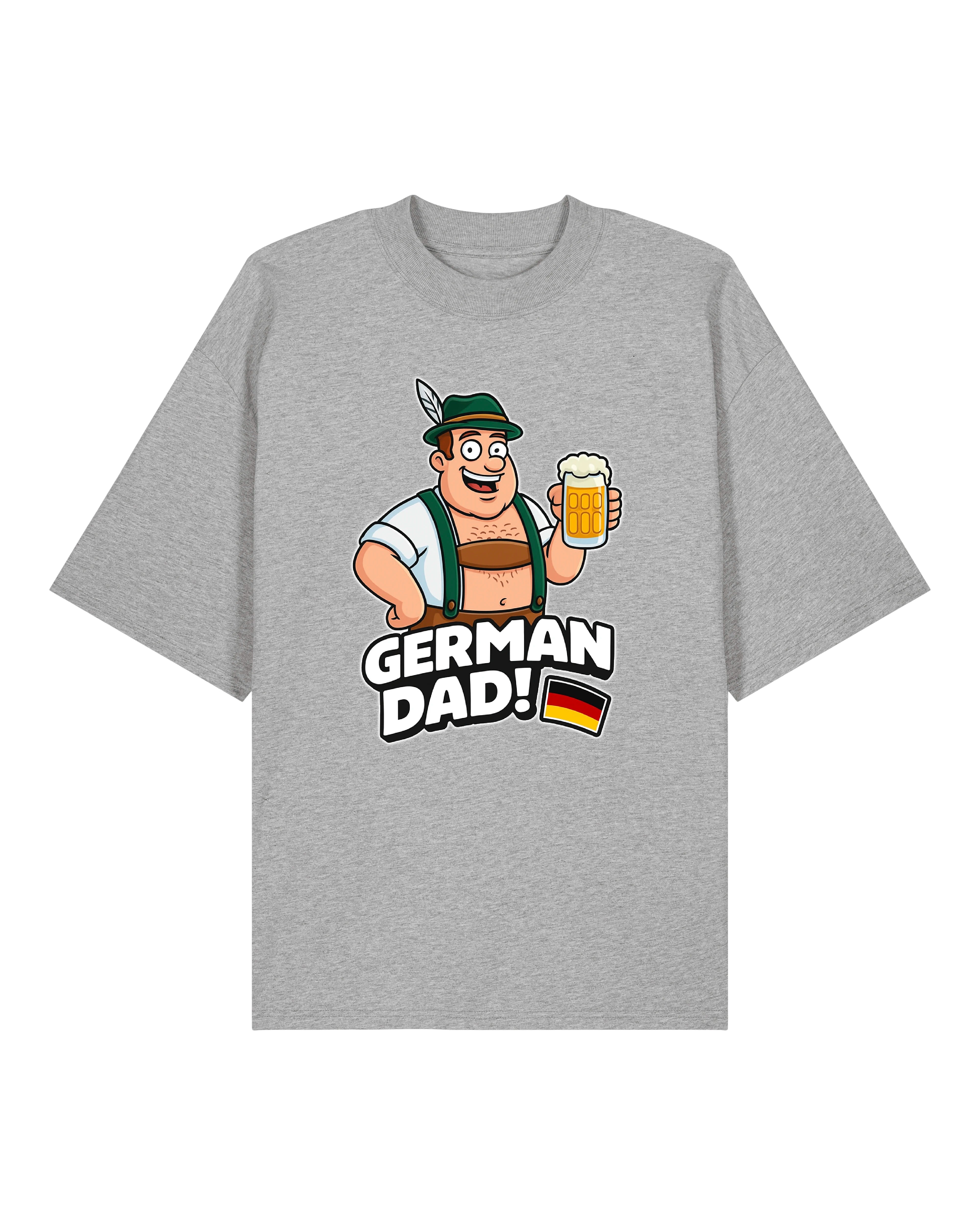 „Graues T-Shirt mit lustigem Cartoon-Vater in Tracht, hält Bierkrug, Text ‚German Dad!‘ mit Deutschlandflagge.“