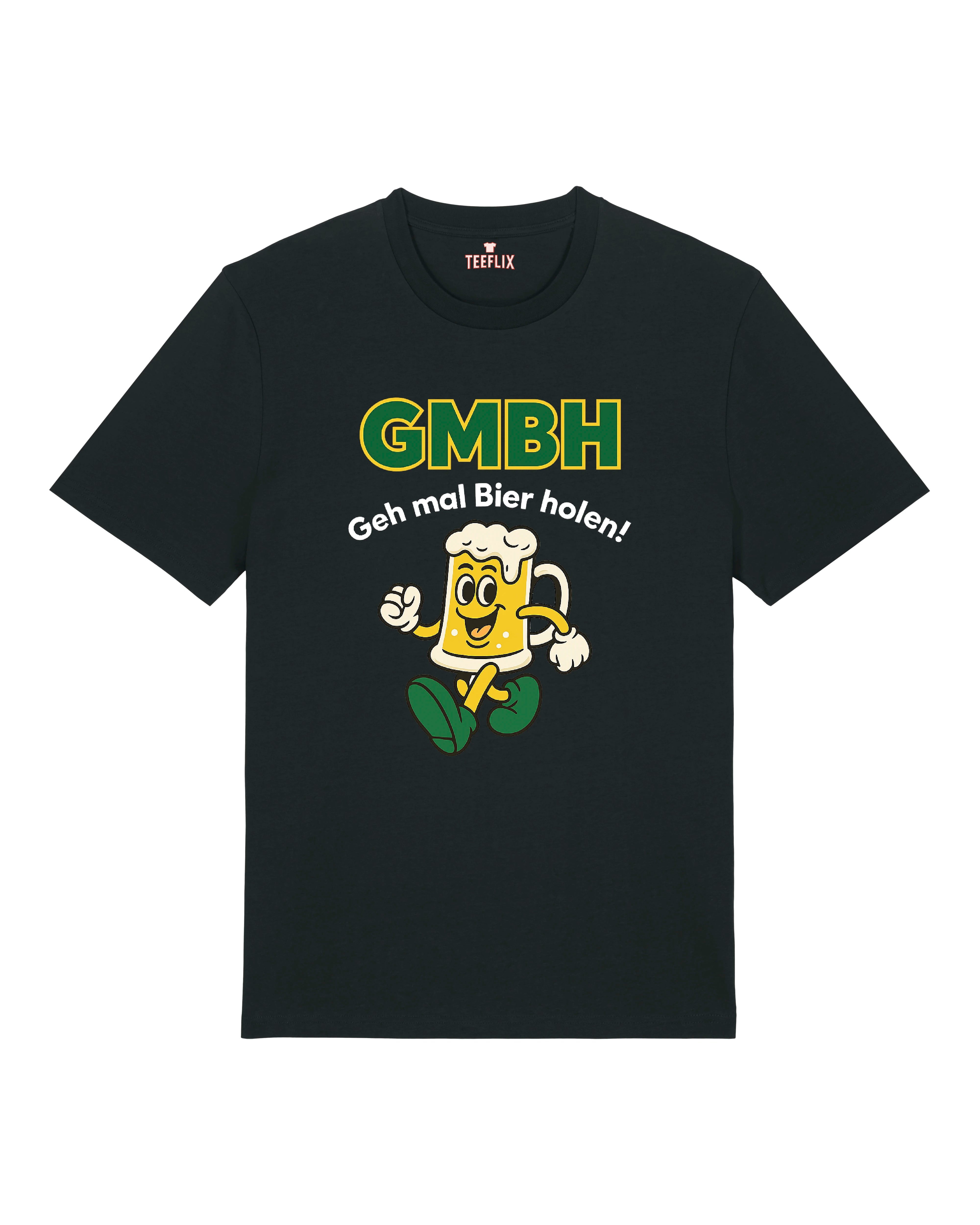 Das Bild zeigt ein humorvolles T-Shirt mit dem Aufdruck "GMBH – Geh mal Bier holen!" in großen, auffälligen Buchstaben. Darunter befindet sich ein fröhlicher, comicartiger Bierkrug mit Gesicht, Armen und Beinen, der in Laufbewegung dargestellt ist. Das Shirt ist in den Farben Weiß, Grau und Schwarz erhältlich und gehört zur Funshirt-Kollektion von Teeflix – perfekt für Bierliebhaber und Partylöwen.
