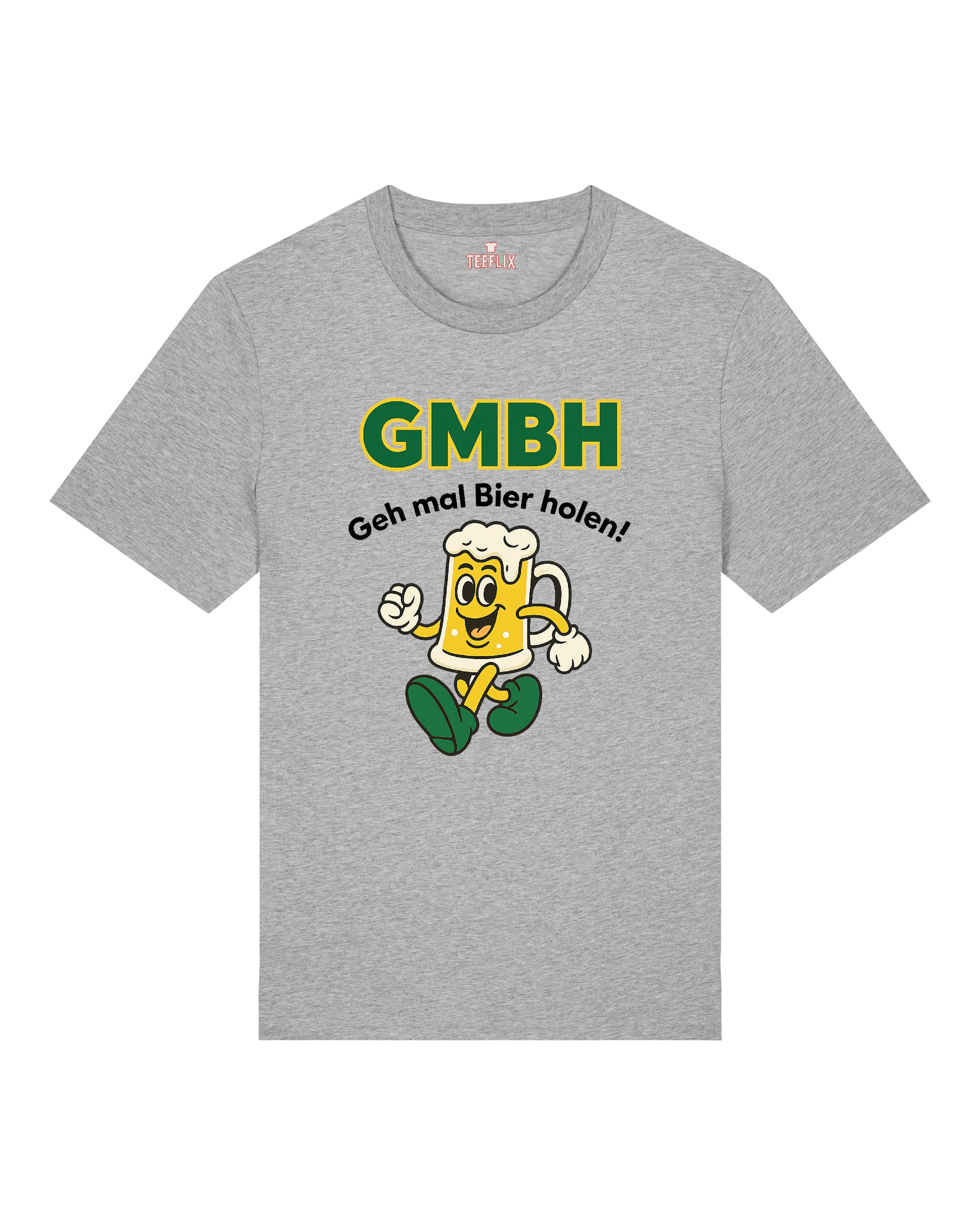 Das Bild zeigt ein humorvolles T-Shirt mit dem Aufdruck "GMBH – Geh mal Bier holen!" in großen, auffälligen Buchstaben. Darunter befindet sich ein fröhlicher, comicartiger Bierkrug mit Gesicht, Armen und Beinen, der in Laufbewegung dargestellt ist. Das Shirt ist in den Farben Weiß, Grau und Schwarz erhältlich und gehört zur Funshirt-Kollektion von Teeflix – perfekt für Bierliebhaber und Partylöwen.