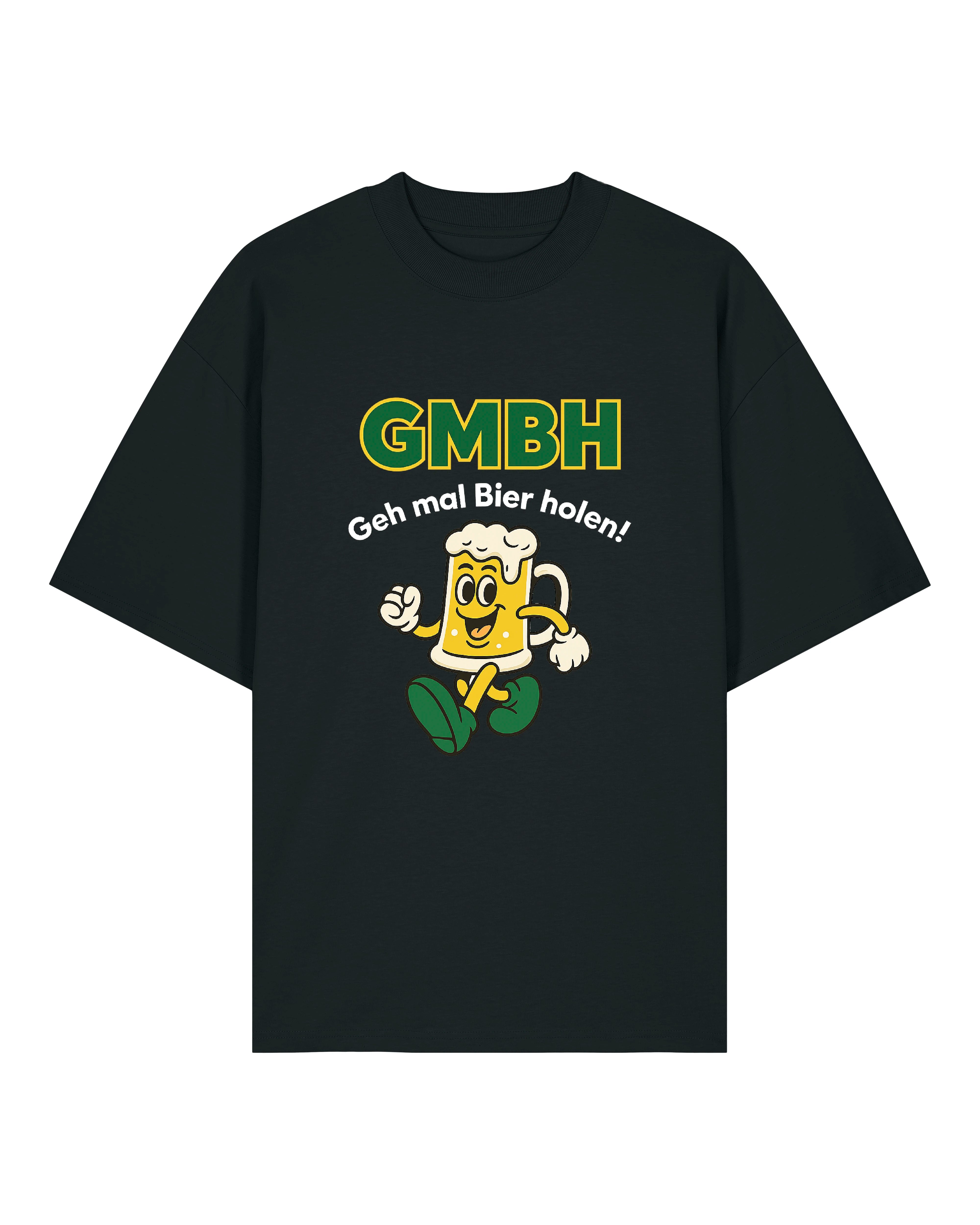 Das Bild zeigt ein humorvolles T-Shirt mit dem Aufdruck "GMBH – Geh mal Bier holen!" in großen, auffälligen Buchstaben. Darunter befindet sich ein fröhlicher, comicartiger Bierkrug mit Gesicht, Armen und Beinen, der in Laufbewegung dargestellt ist. Das Shirt ist in den Farben Weiß, Grau und Schwarz erhältlich und gehört zur Funshirt-Kollektion von Teeflix – perfekt für Bierliebhaber und Partylöwen.