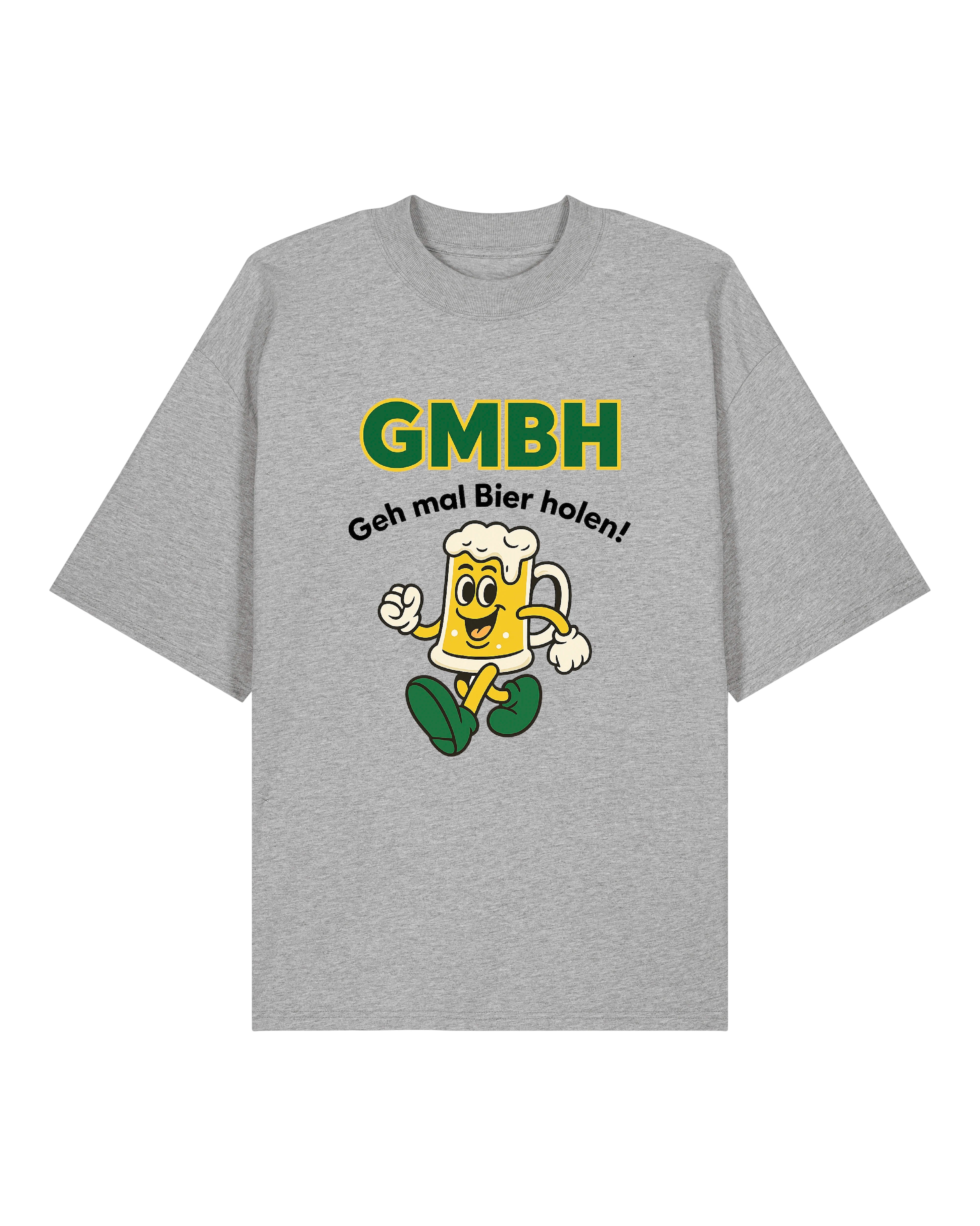 Das Bild zeigt ein humorvolles T-Shirt mit dem Aufdruck "GMBH – Geh mal Bier holen!" in großen, auffälligen Buchstaben. Darunter befindet sich ein fröhlicher, comicartiger Bierkrug mit Gesicht, Armen und Beinen, der in Laufbewegung dargestellt ist. Das Shirt ist in den Farben Weiß, Grau und Schwarz erhältlich und gehört zur Funshirt-Kollektion von Teeflix – perfekt für Bierliebhaber und Partylöwen.