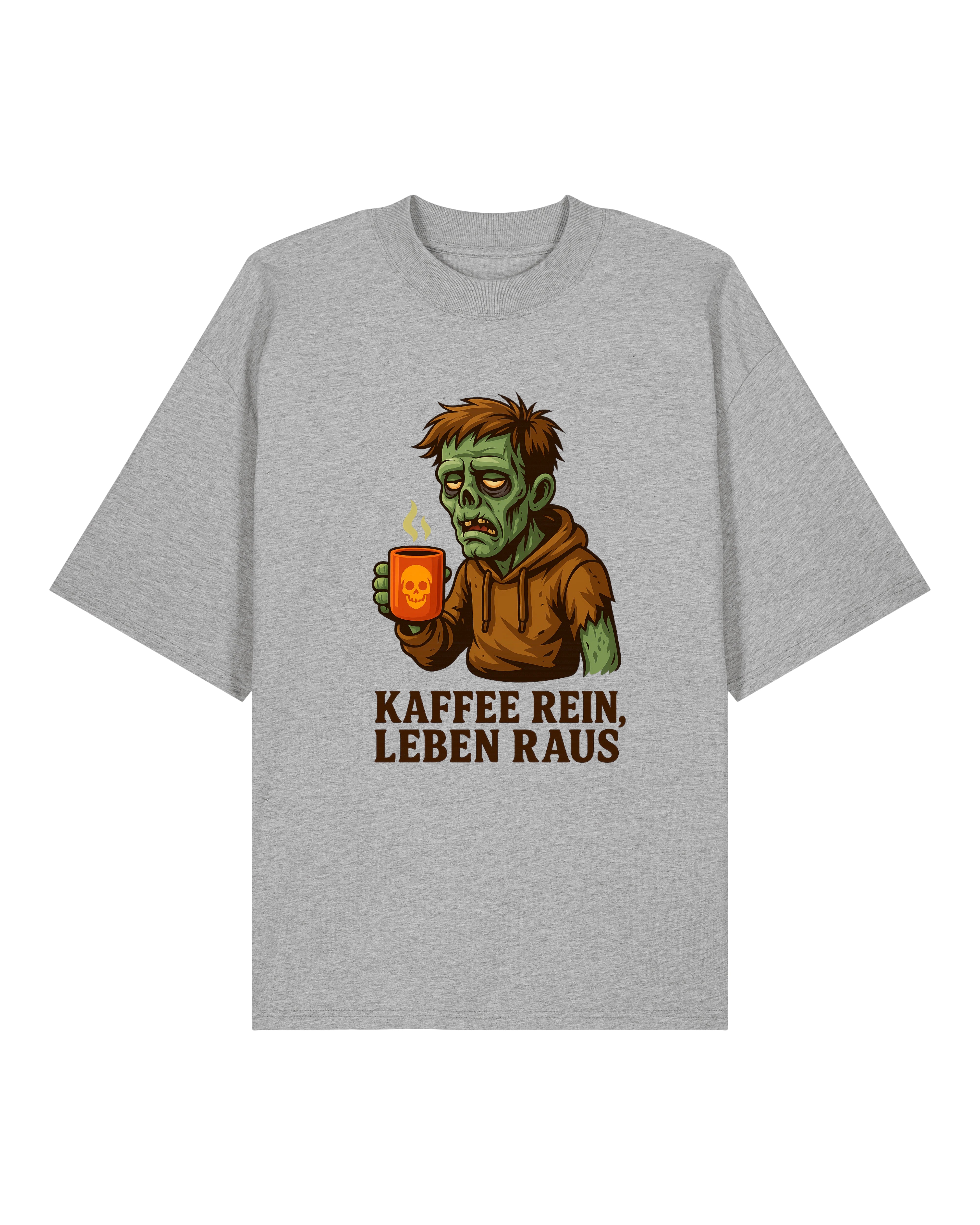 Oversized T-Shirt in Grau mit Kaffeetasse und Zombie – Kaffee rein Leben raus – Teeflix