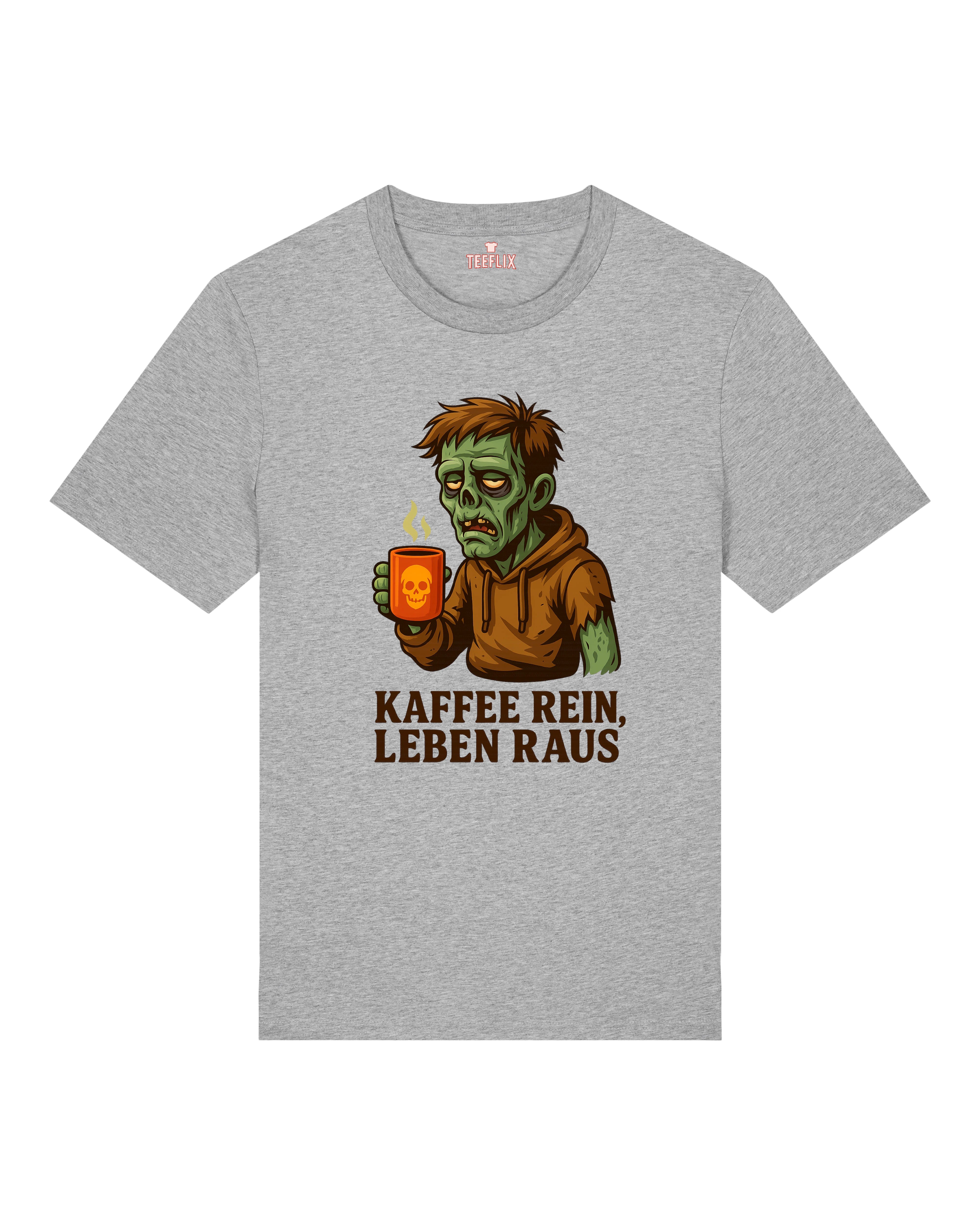 Graues Premium T-Shirt mit lustigem Zombie-Kaffee-Motiv und Spruch – Teeflix Unisex Shirt