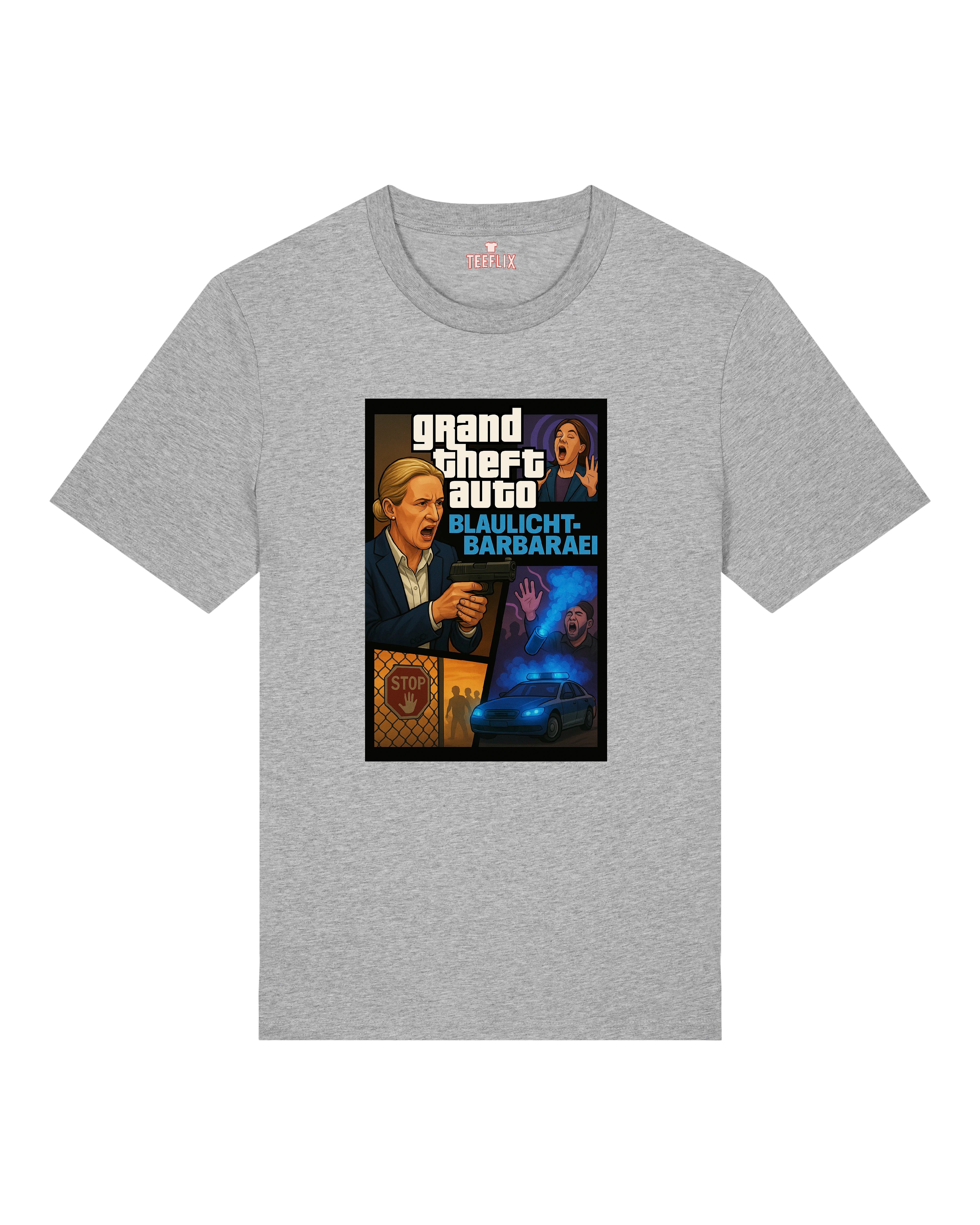 „Graues T-Shirt mit humorvollem GTA-Stil-Design zum Thema Sicherheitspolitik“