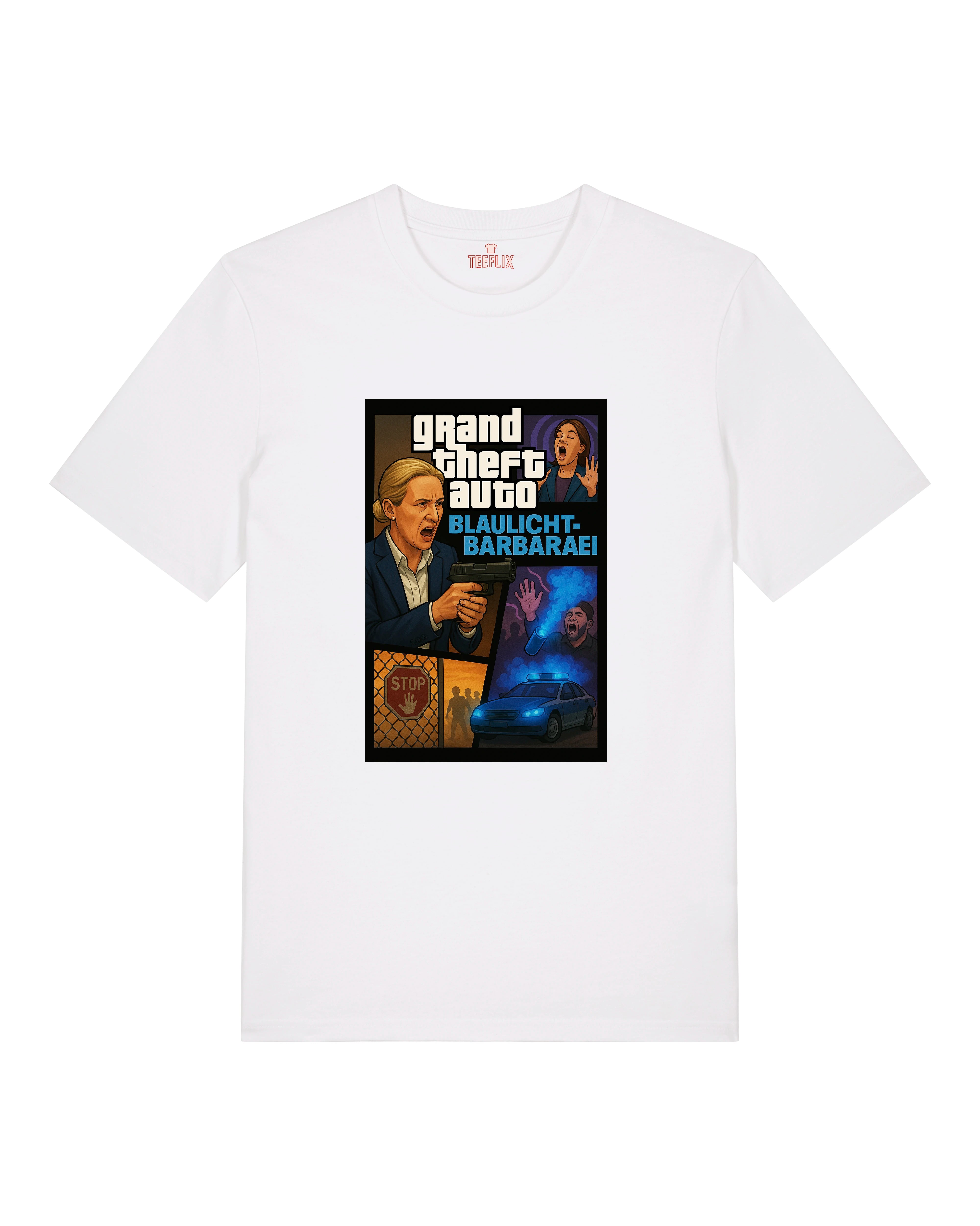 „Weißes Bio-Shirt mit popkulturellem Satire-Druck – Blaulicht-Barbarei-Motiv“