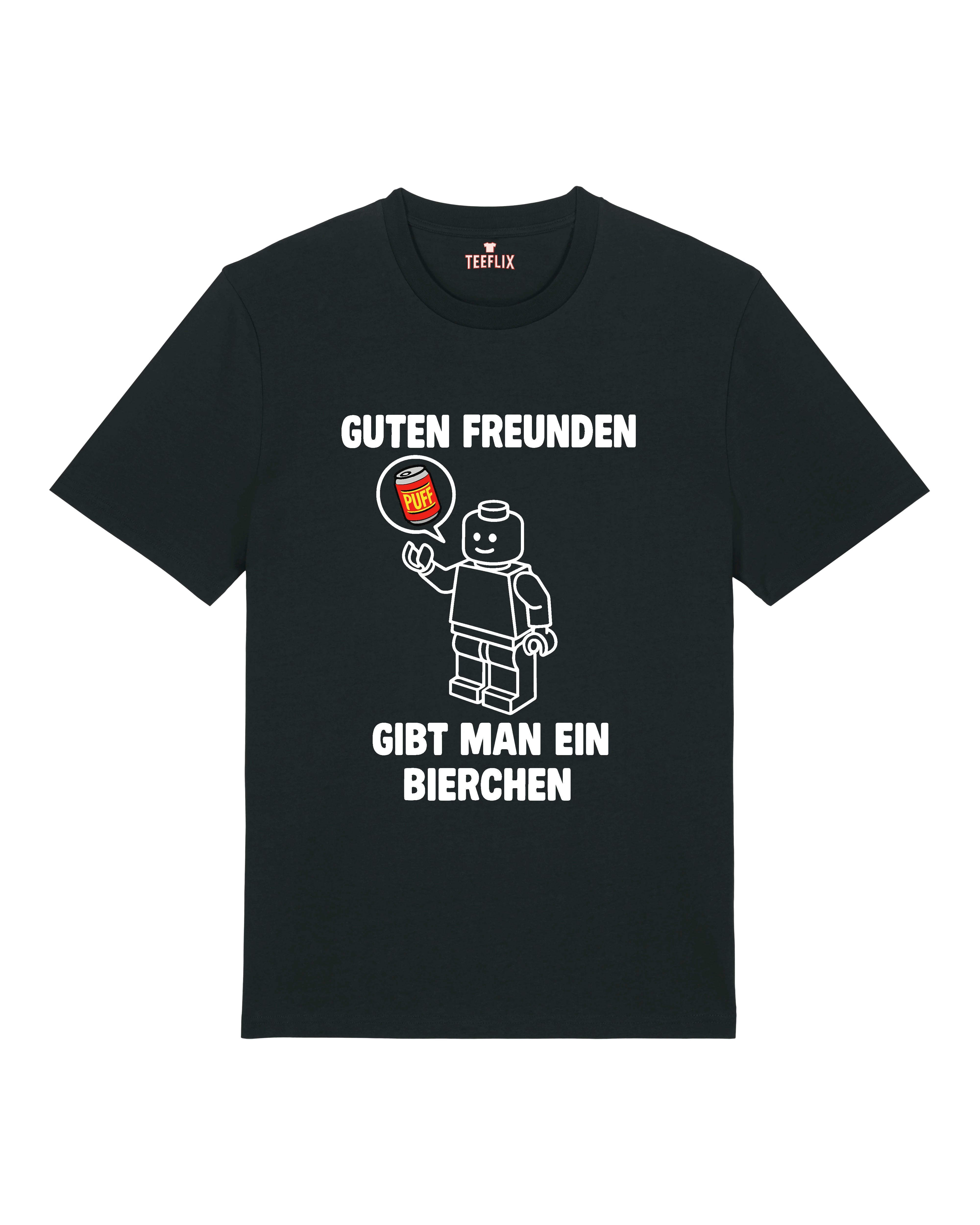 Das T-Shirt zeigt eine ikonische, minimalistisch gezeichnete Spielfigur im Stil eines Baustein-Männchens. In der rechten Hand hält die Figur eine rot-gelbe Bierdose mit dem Schriftzug „Puff“. Darüber und darunter steht in fetten schwarzen oder weißen Großbuchstaben der humorvolle Spruch:
„GUTEN FREUNDEN GIBT MAN EIN BIERCHEN“.