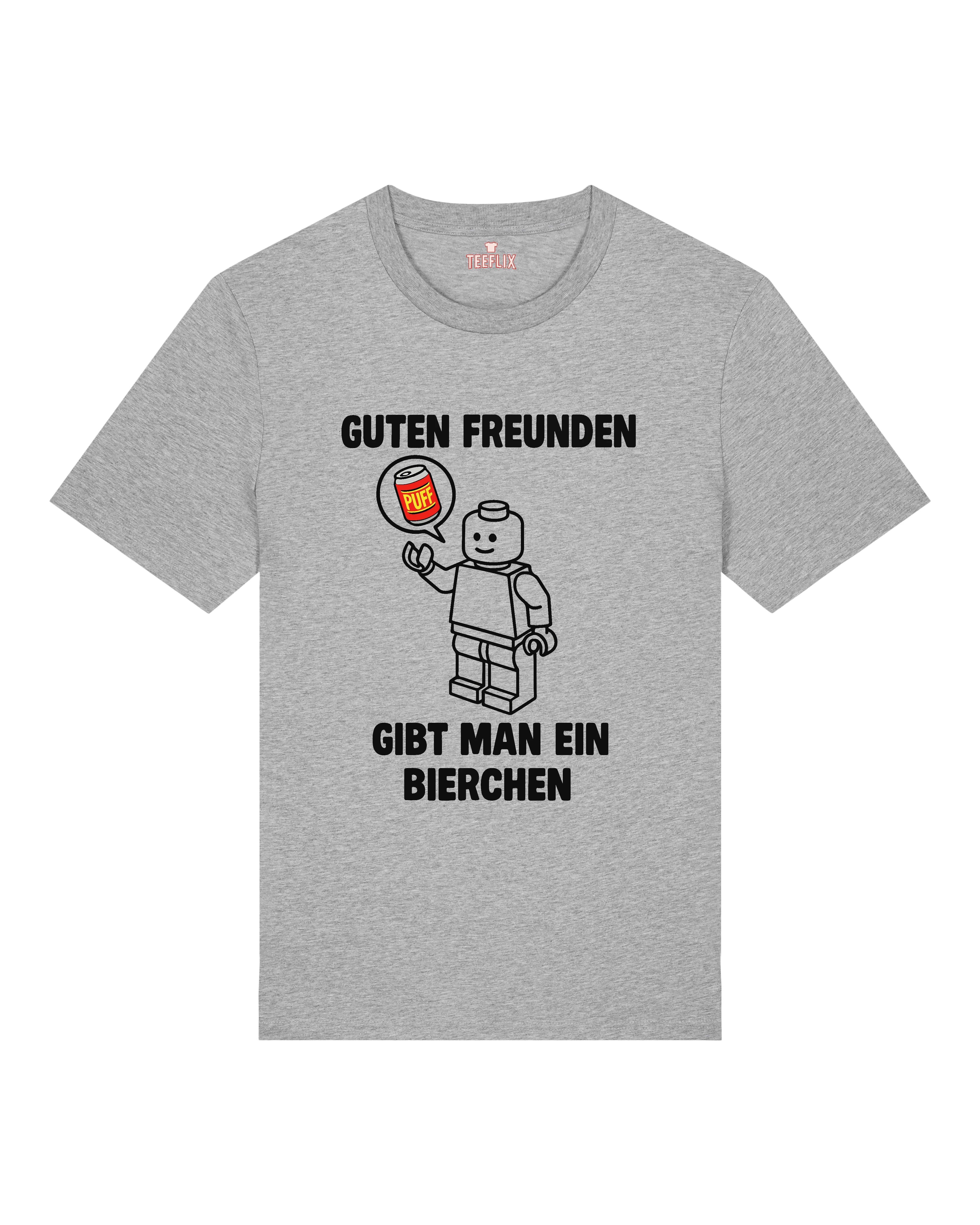 Das T-Shirt zeigt eine ikonische, minimalistisch gezeichnete Spielfigur im Stil eines Baustein-Männchens. In der rechten Hand hält die Figur eine rot-gelbe Bierdose mit dem Schriftzug „Puff“. Darüber und darunter steht in fetten schwarzen oder weißen Großbuchstaben der humorvolle Spruch:
„GUTEN FREUNDEN GIBT MAN EIN BIERCHEN“.