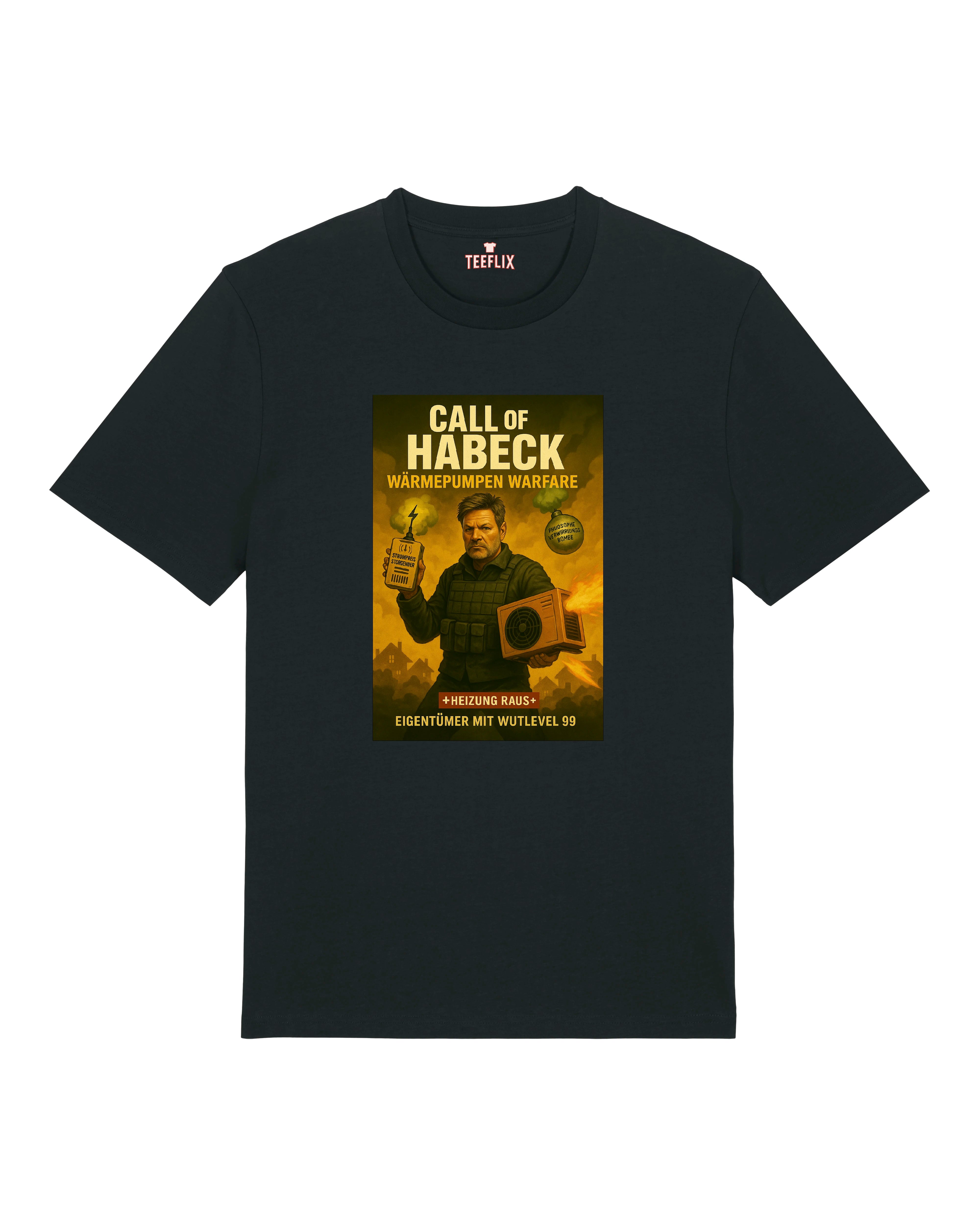 Schwarzes „Call of Habeck“ Shirt mit satirischem Wärmepumpen-Krieger-Motiv – Robert Habeck mit Heizung & Gesetz in der Hand.