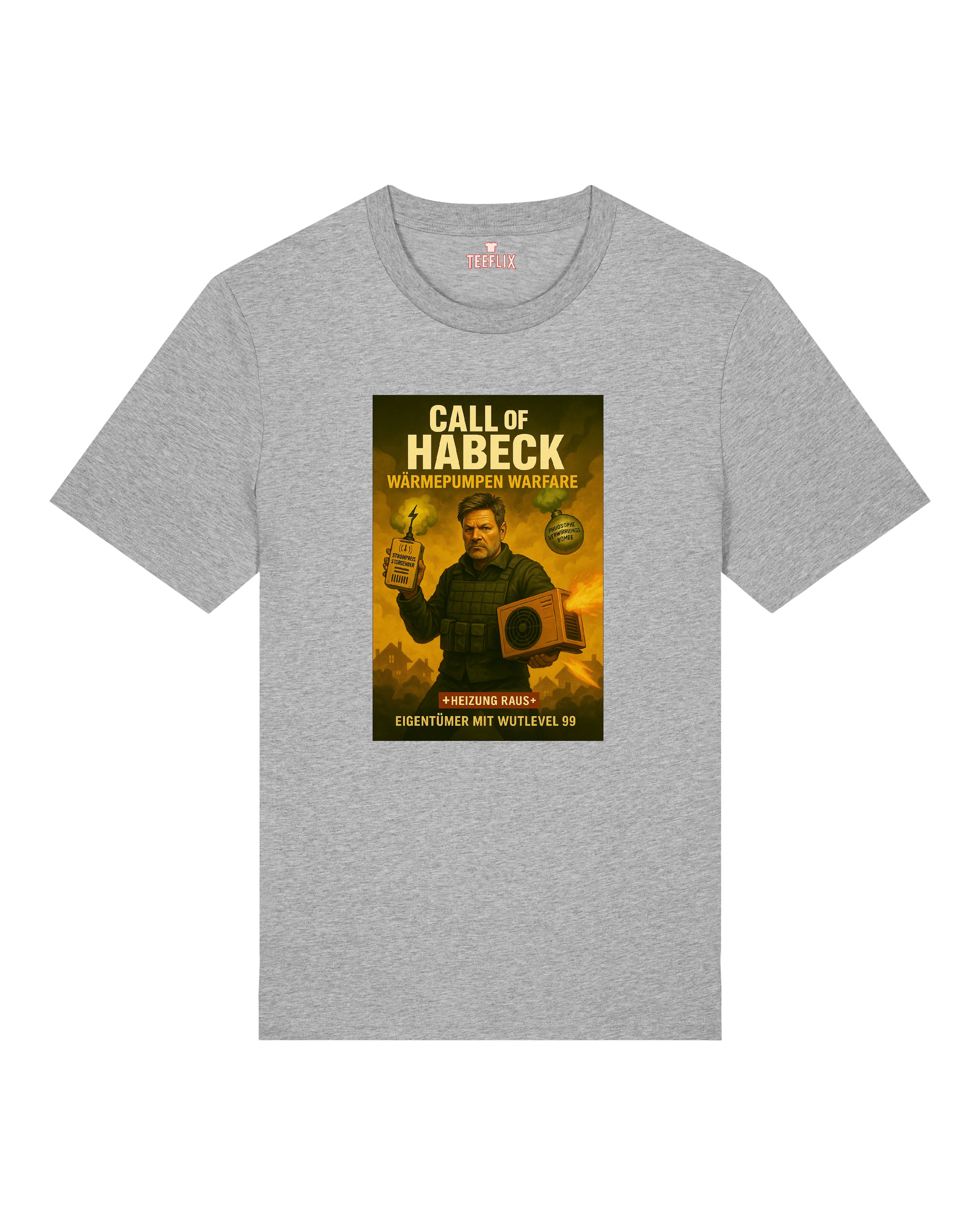Graues „Call of Habeck“ Shirt mit ironischer Comic-Grafik – der grüne Minister im Wärmepumpen-Einsatz.