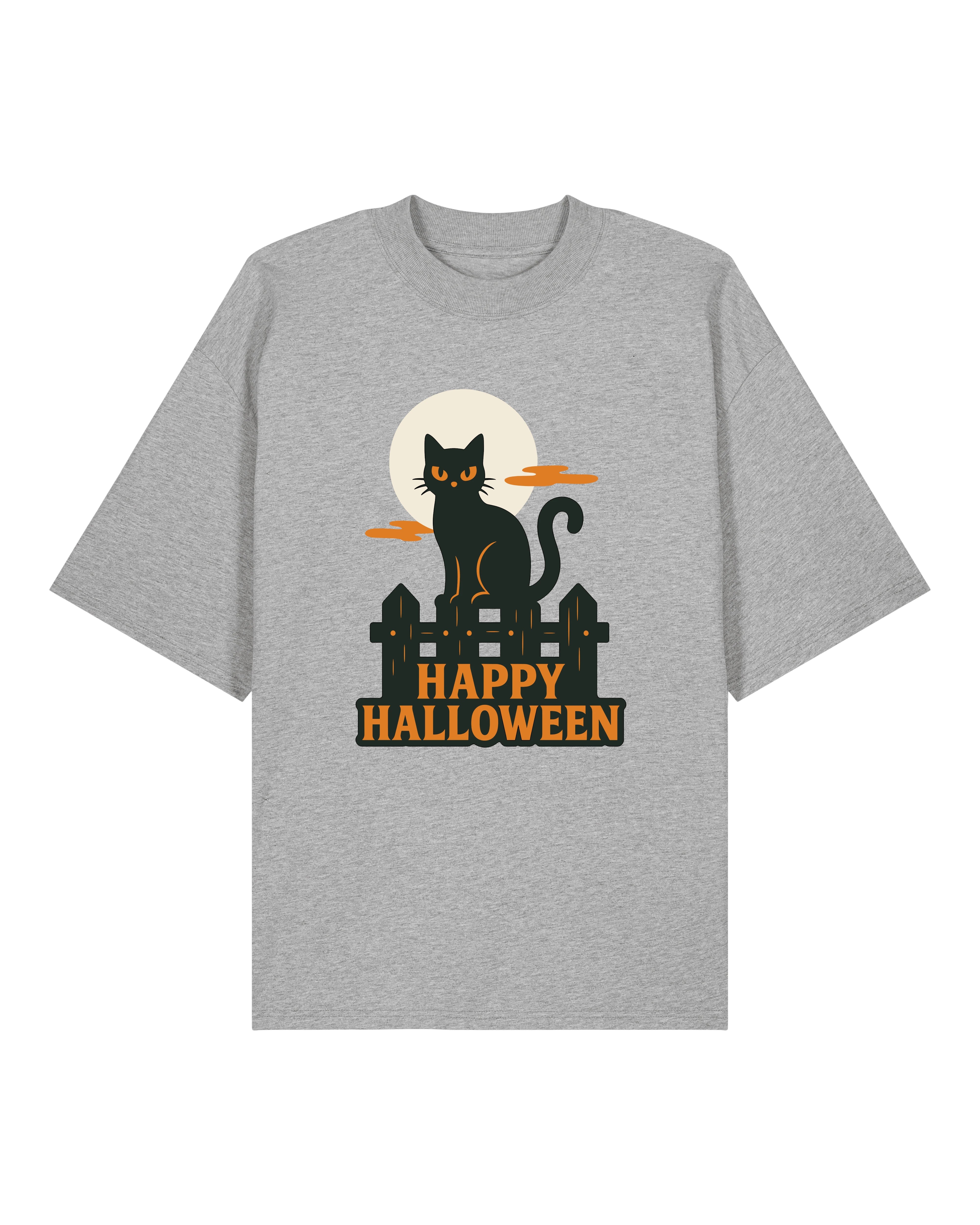 Graues Oversized Halloween T-Shirt mit Katze, Zaun und Vollmond – perfektes Gruselshirt für Oktober, Party oder Alltag