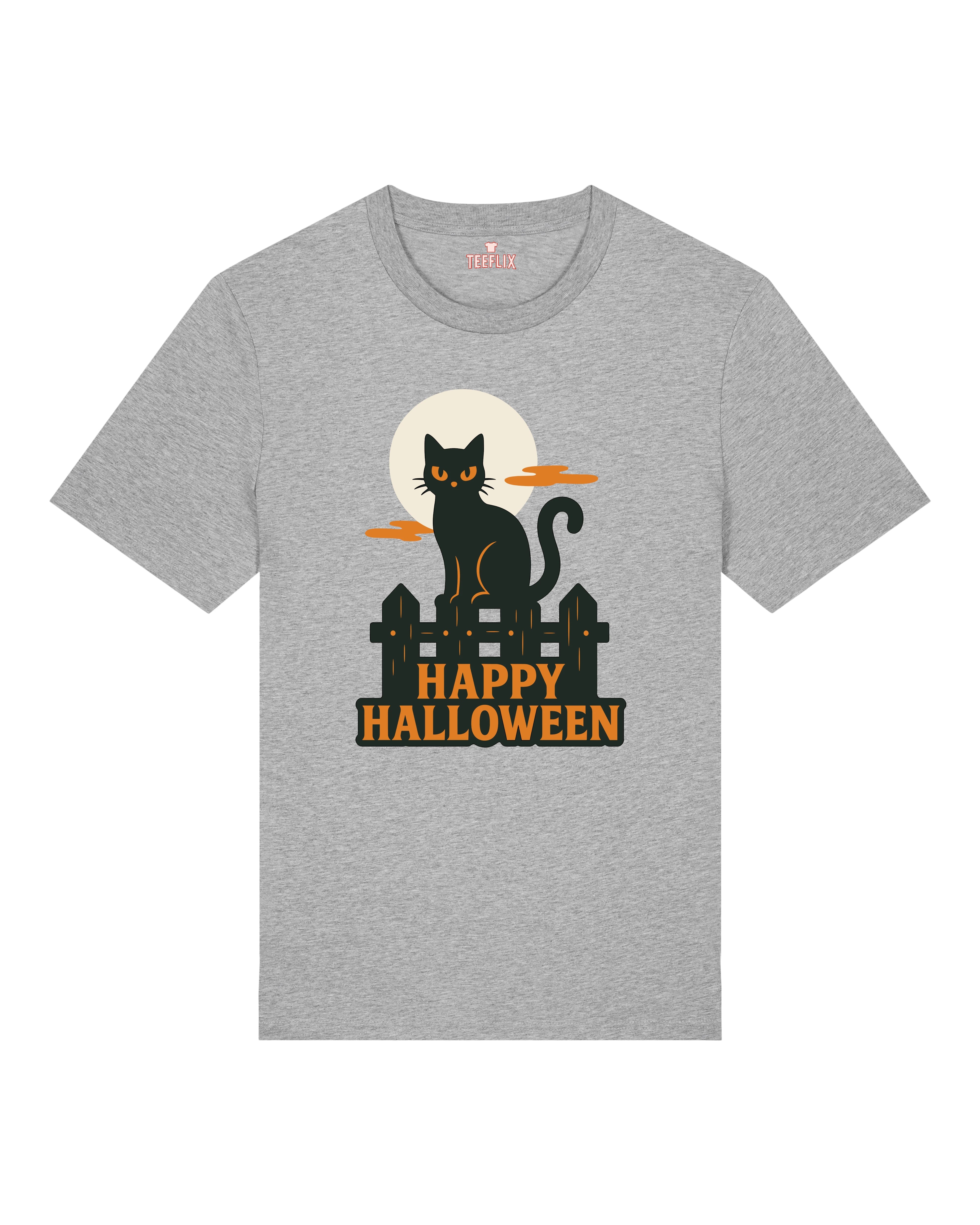 Heather Grey T-Shirt mit schwarzer Katze und Happy Halloween Schriftzug – Bio-Shirt für Männer, Frauen, Katzenfreunde & Halloween-Looks