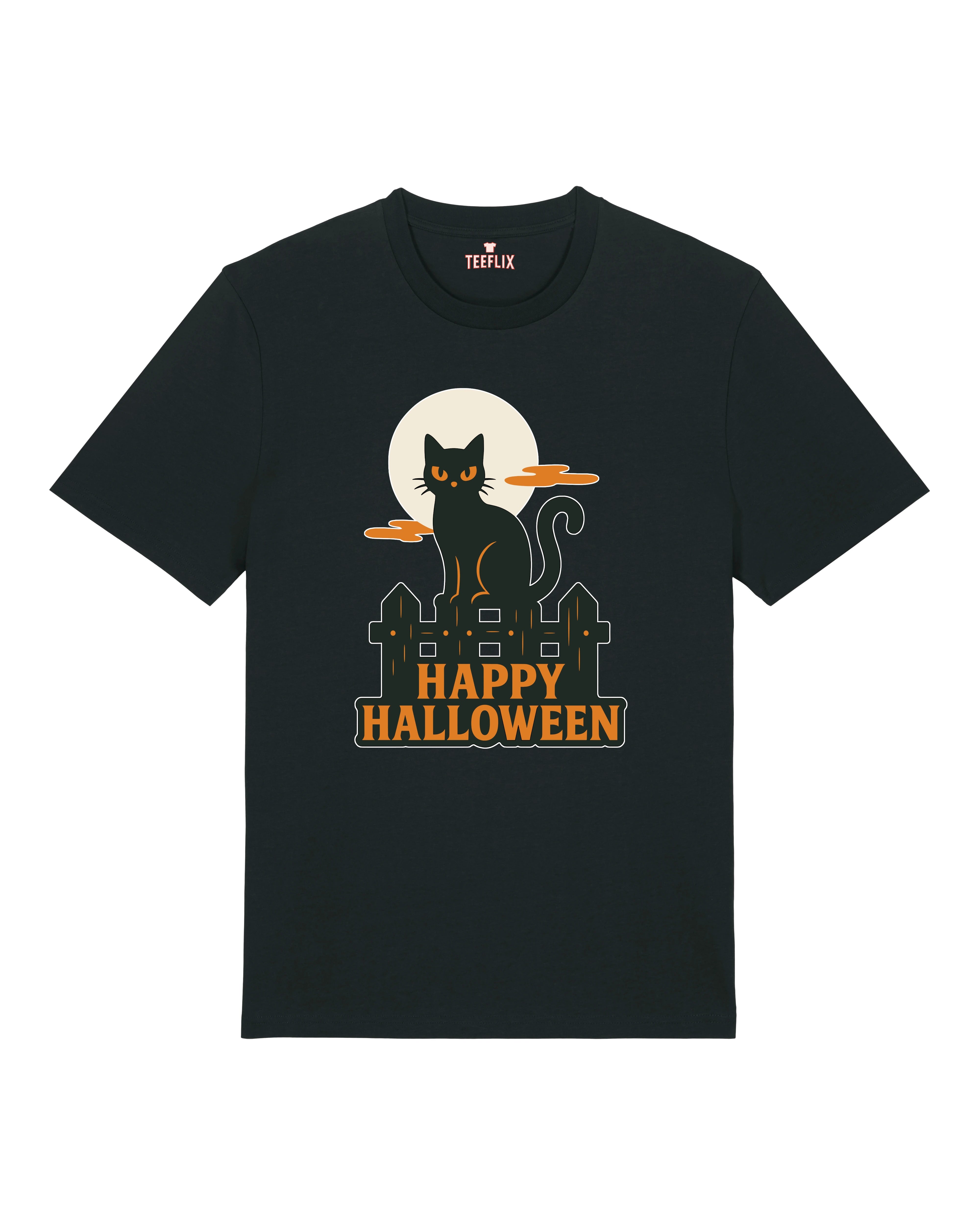Schwarzes T-Shirt mit Halloween Katze und Vollmond – stylisches Bio-Shirt für Halloween Fans, Katzenliebhaber & spooky Outfits