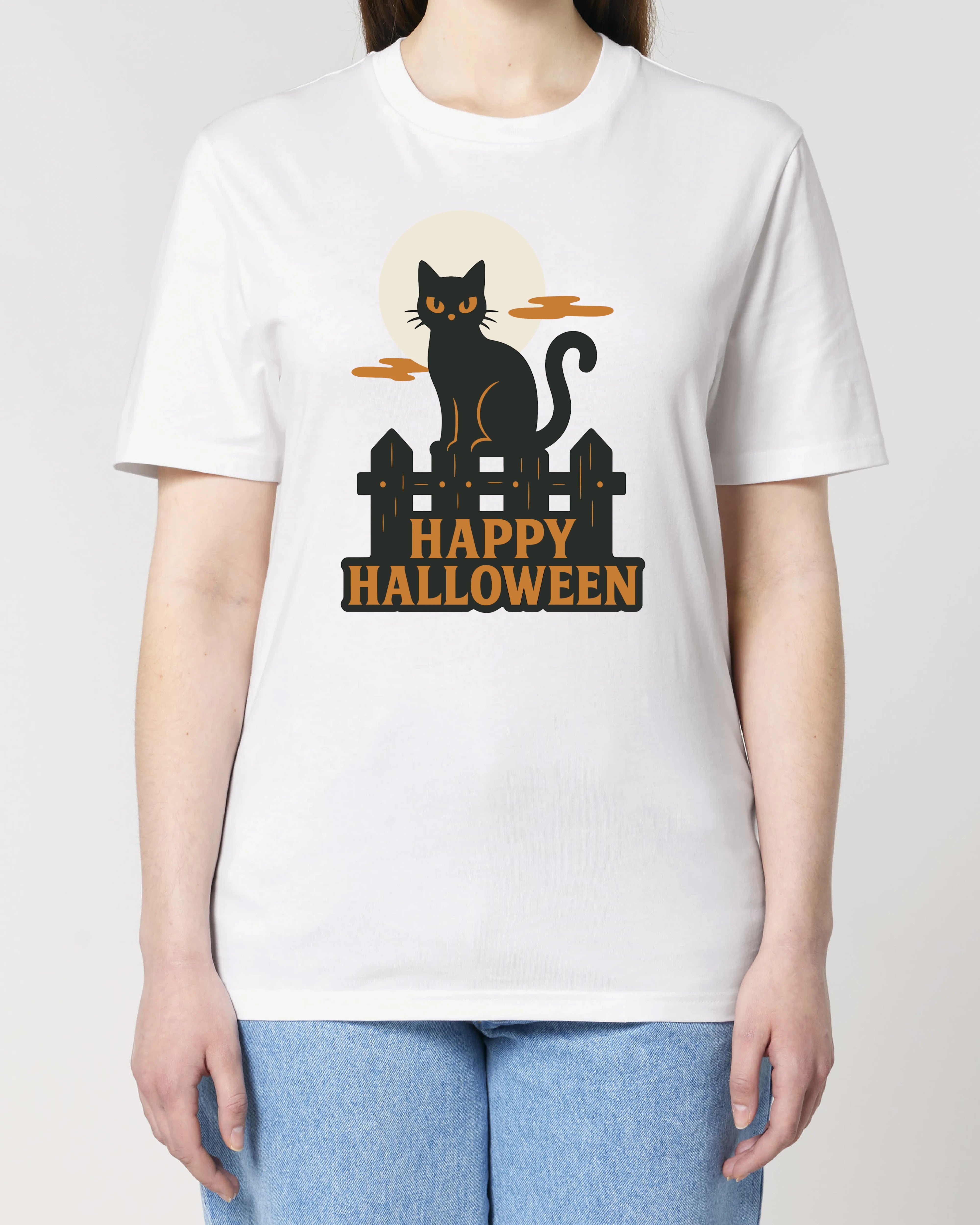 Damen T-Shirt Halloween mit Katze – schwarzes Katzenmotiv vor Vollmond auf weißem Shirt, ideal für Kostüm oder Halloween Outfit
