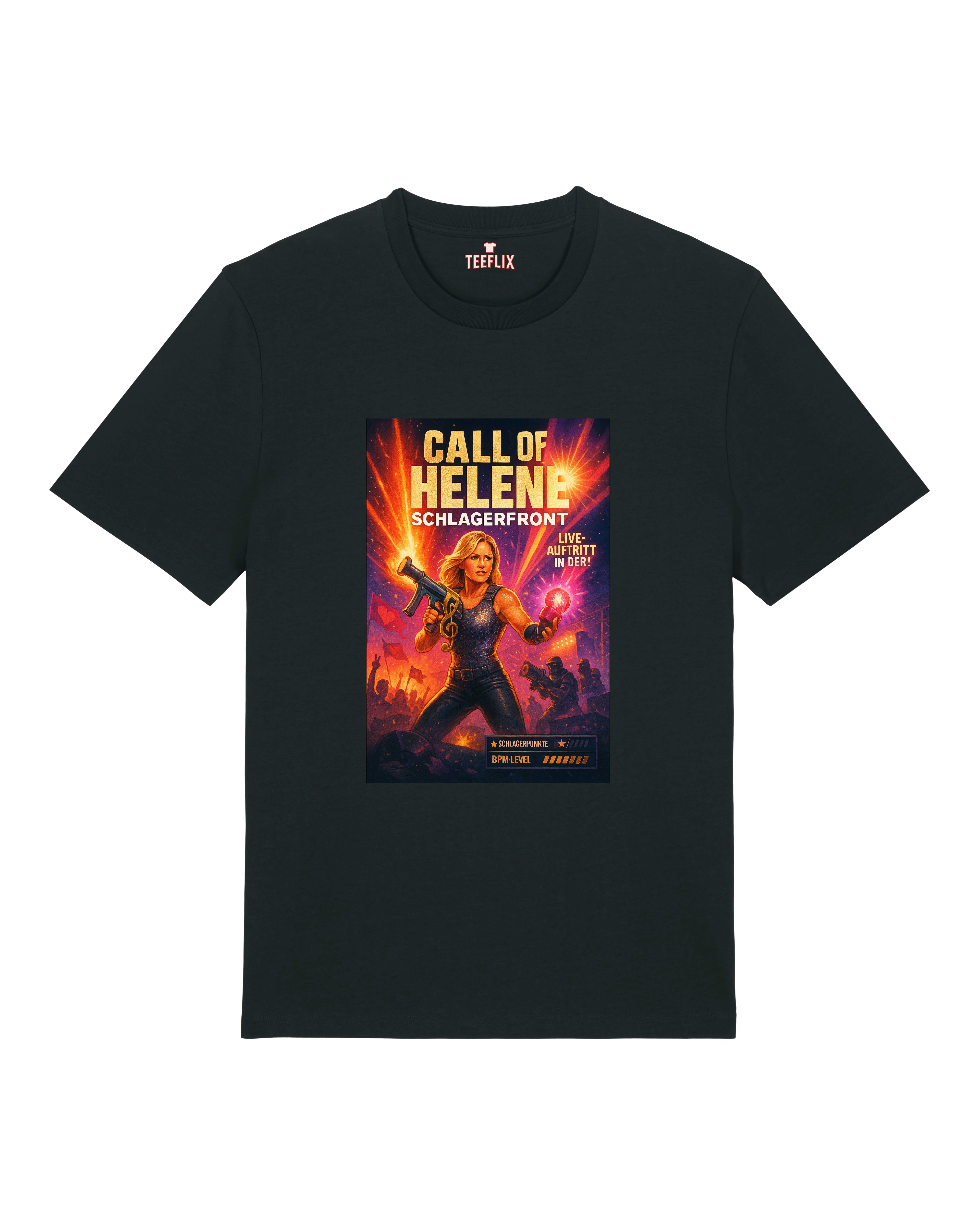 Schwarzes T-Shirt mit satirischem „Call of Helene – Schlagerfront“-Print im Action-Stil.