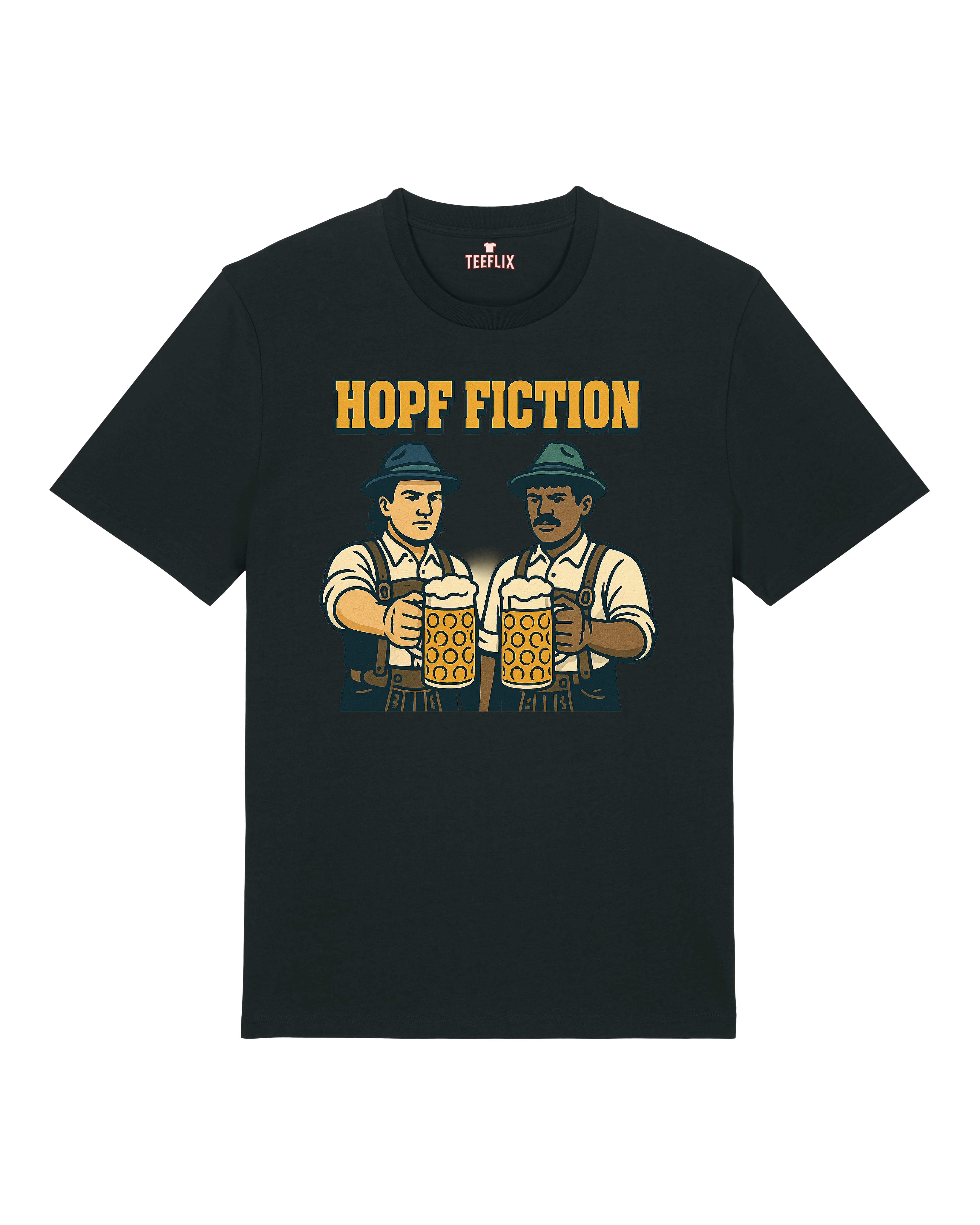 T-Shirt mit dem Aufdruck „Hopf Fiction“, inspiriert vom Filmklassiker. Zwei Männer in bayerischer Tracht stoßen mit großen Bierkrügen an, beide tragen Hüte und ernste Mienen. Humorvolle Anspielung im Trachtenstil mit Retro-Comic-Design.
