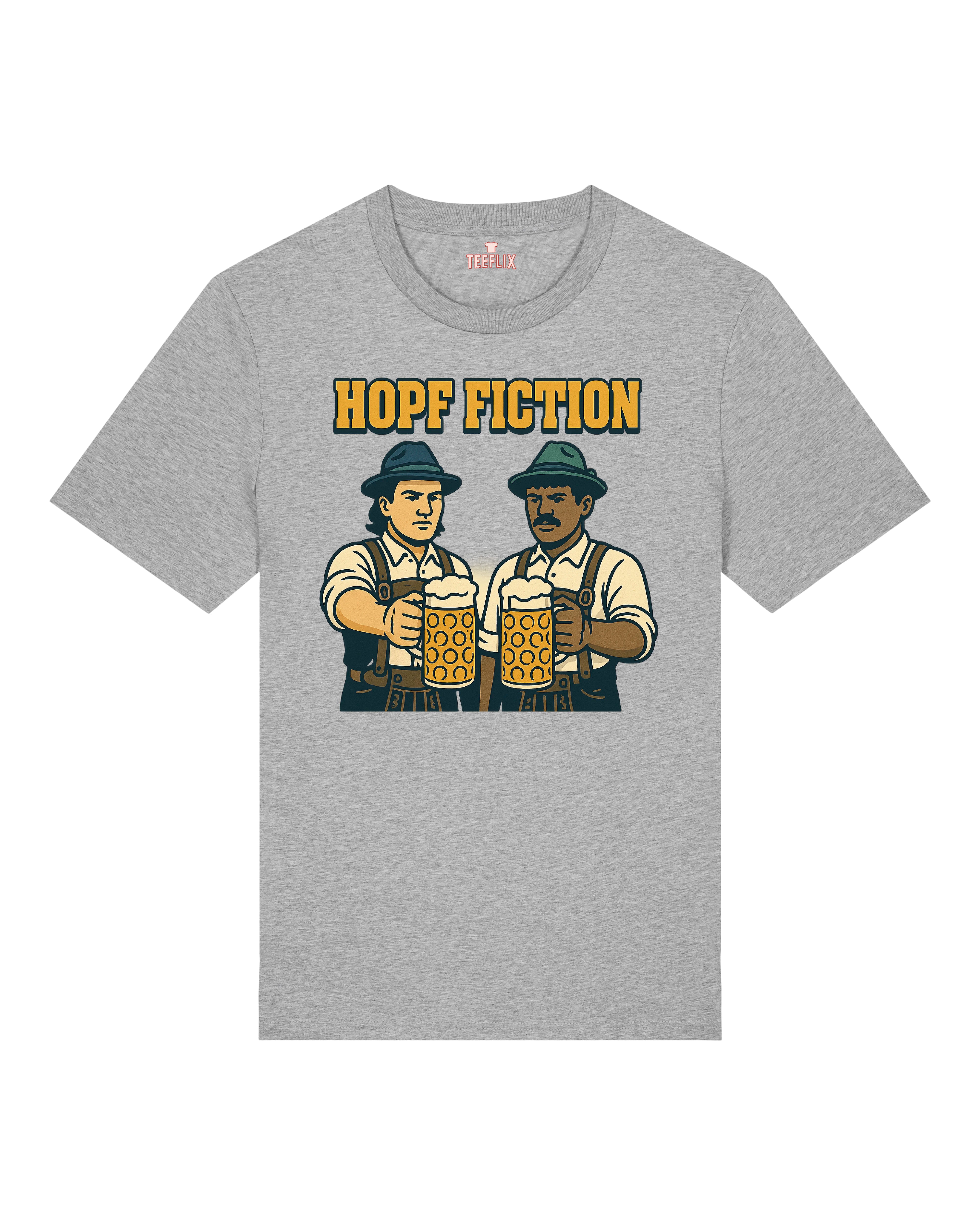 T-Shirt mit dem Aufdruck „Hopf Fiction“, inspiriert vom Filmklassiker. Zwei Männer in bayerischer Tracht stoßen mit großen Bierkrügen an, beide tragen Hüte und ernste Mienen. Humorvolle Anspielung im Trachtenstil mit Retro-Comic-Design.