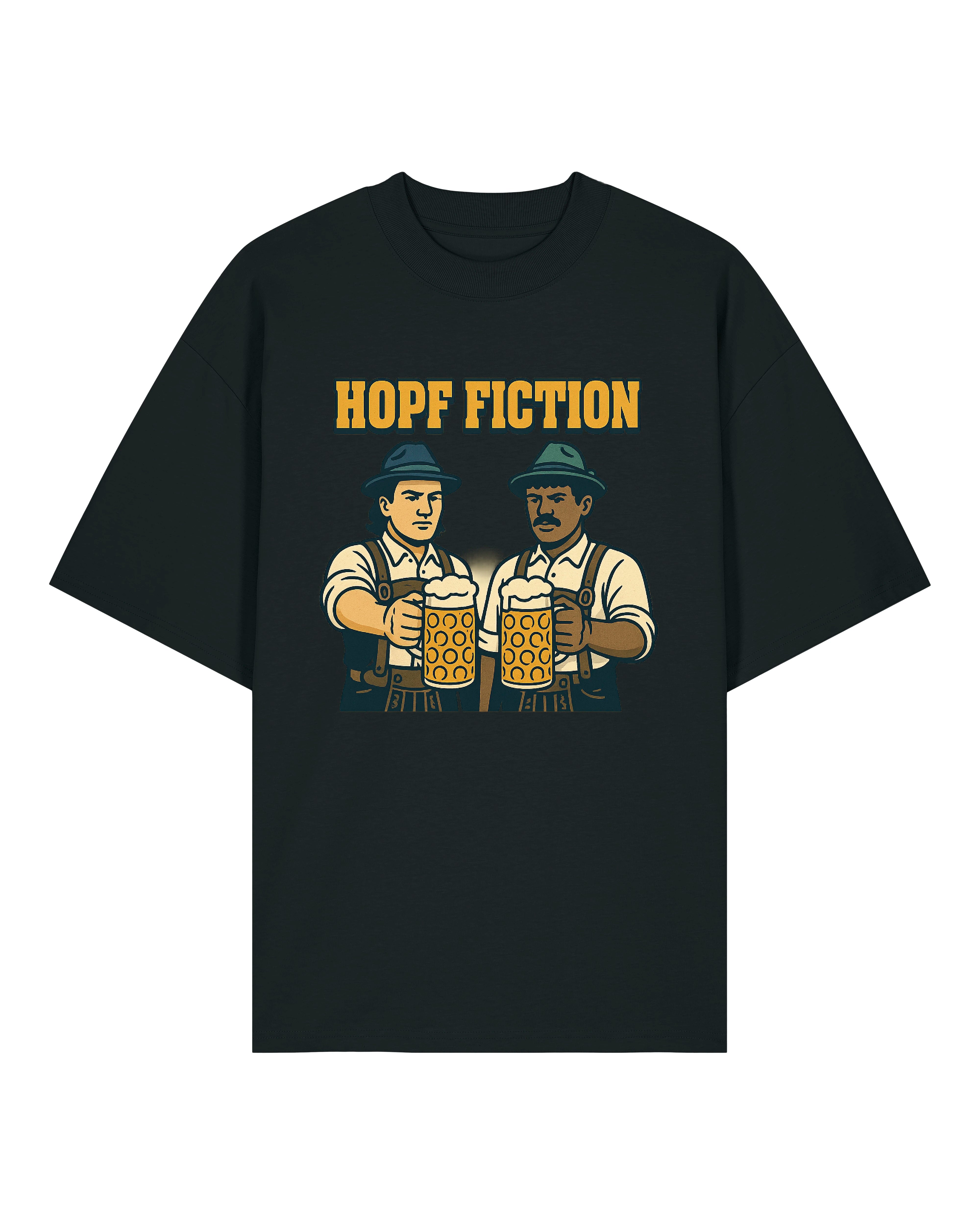T-Shirt mit dem Aufdruck „Hopf Fiction“, inspiriert vom Filmklassiker. Zwei Männer in bayerischer Tracht stoßen mit großen Bierkrügen an, beide tragen Hüte und ernste Mienen. Humorvolle Anspielung im Trachtenstil mit Retro-Comic-Design.