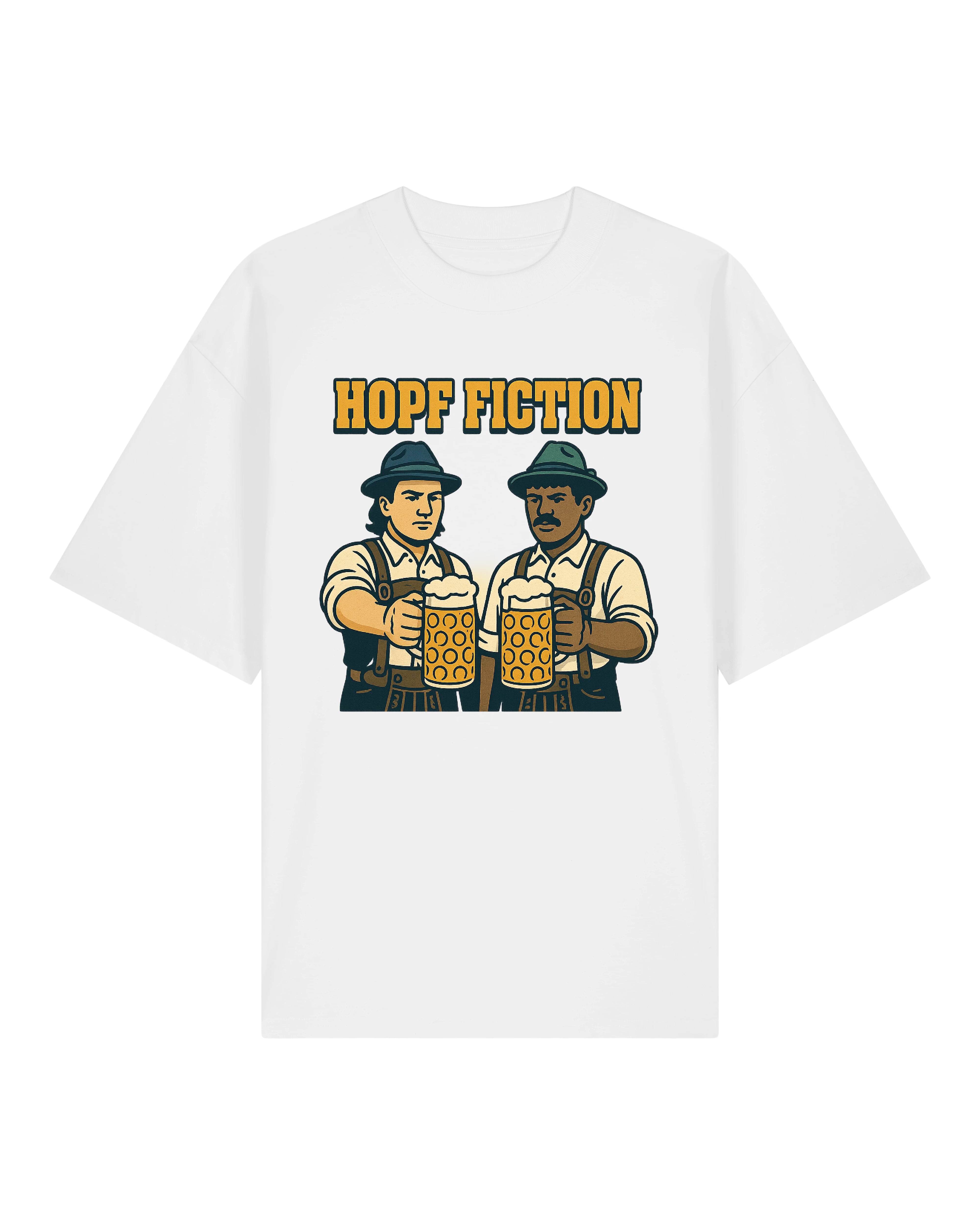 T-Shirt mit dem Aufdruck „Hopf Fiction“, inspiriert vom Filmklassiker. Zwei Männer in bayerischer Tracht stoßen mit großen Bierkrügen an, beide tragen Hüte und ernste Mienen. Humorvolle Anspielung im Trachtenstil mit Retro-Comic-Design.