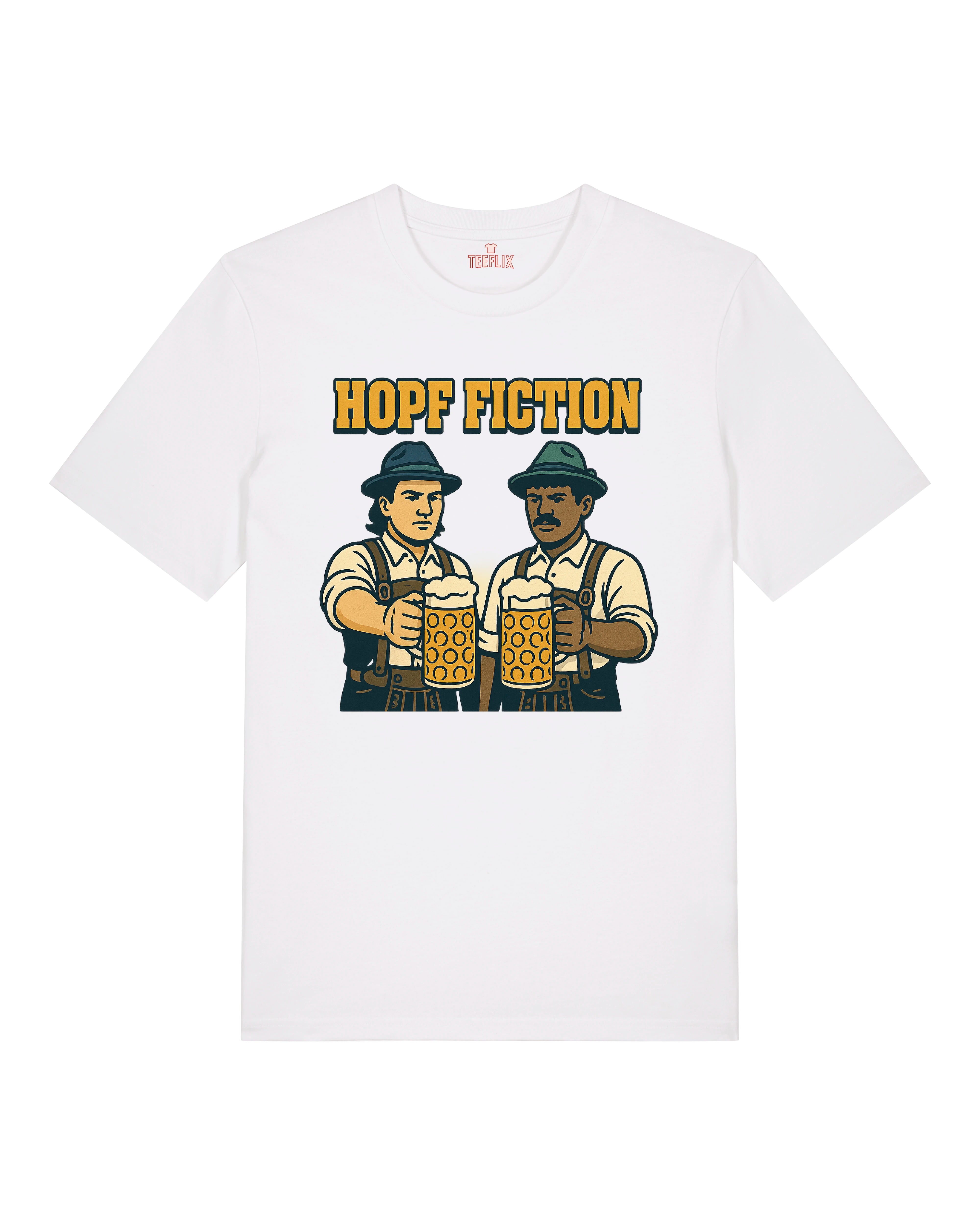 T-Shirt mit dem Aufdruck „Hopf Fiction“, inspiriert vom Filmklassiker. Zwei Männer in bayerischer Tracht stoßen mit großen Bierkrügen an, beide tragen Hüte und ernste Mienen. Humorvolle Anspielung im Trachtenstil mit Retro-Comic-Design.