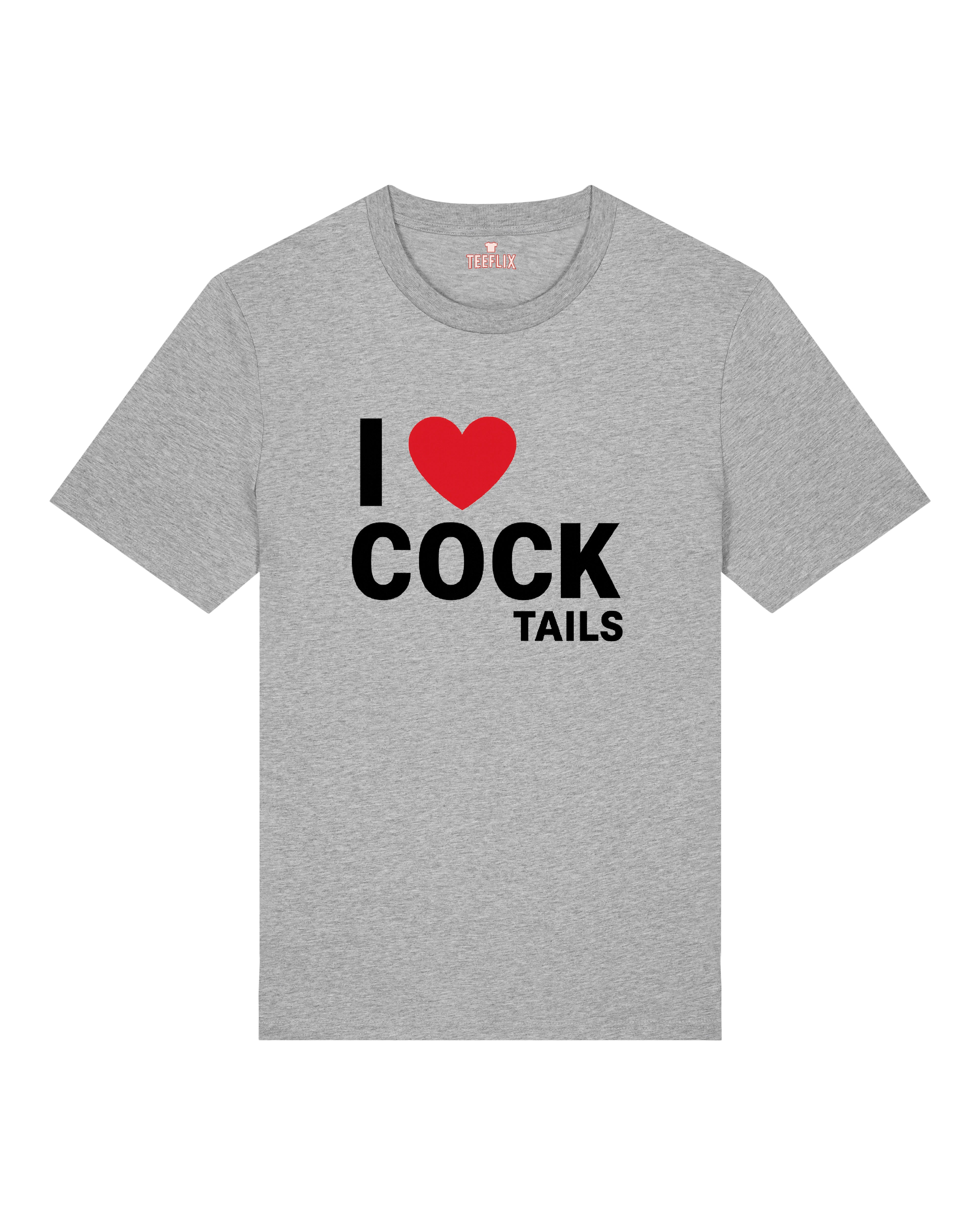 Graues T-Shirt mit provokantem Design: „I ❤️ COCKtails“ – für Fans von Spritzigem und Sprachwitz.