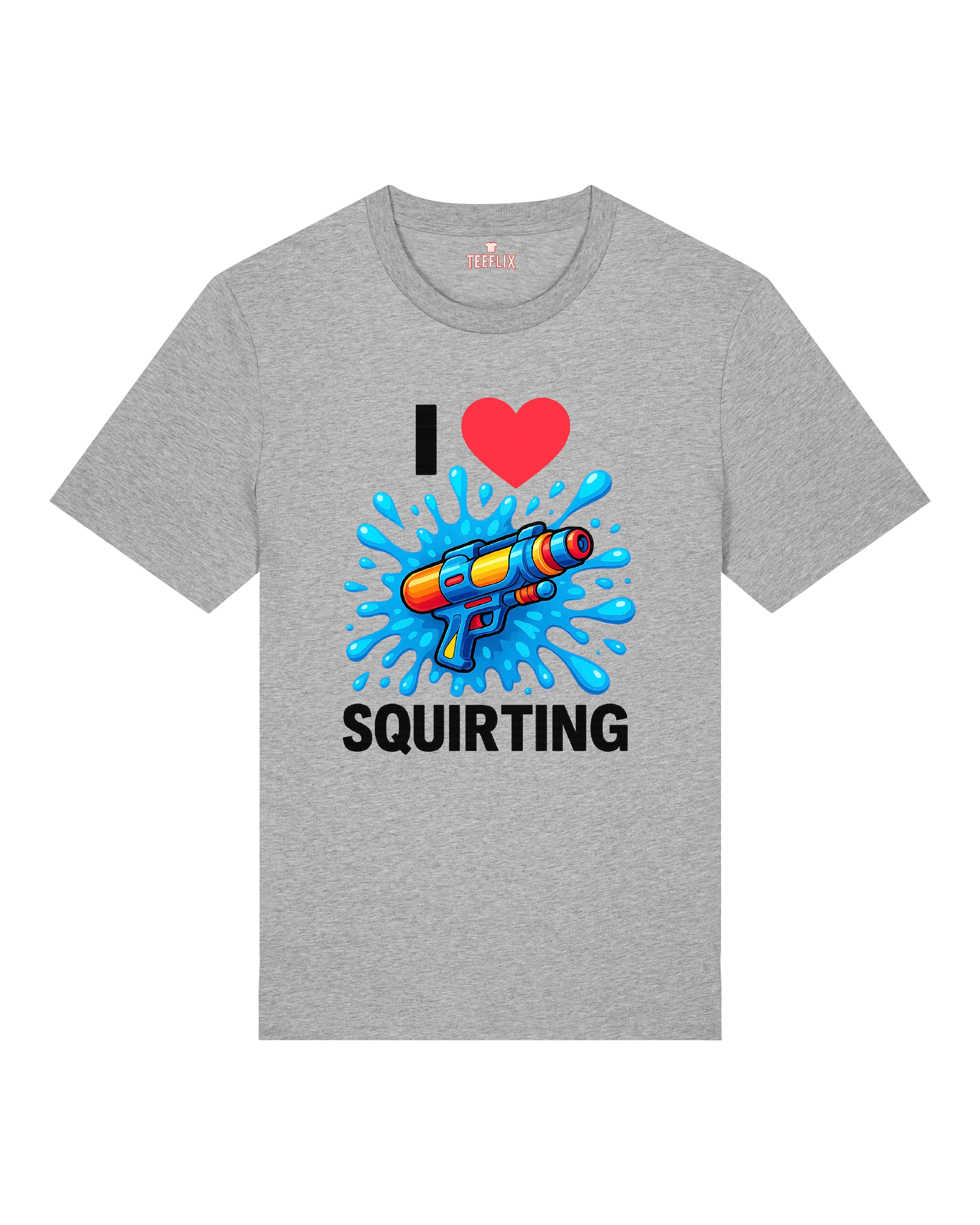 Graues Funshirt mit Herzsymbol, Splash und Wasserpistole – Aufdruck „I love squirting“ als witziges Partyshirt.