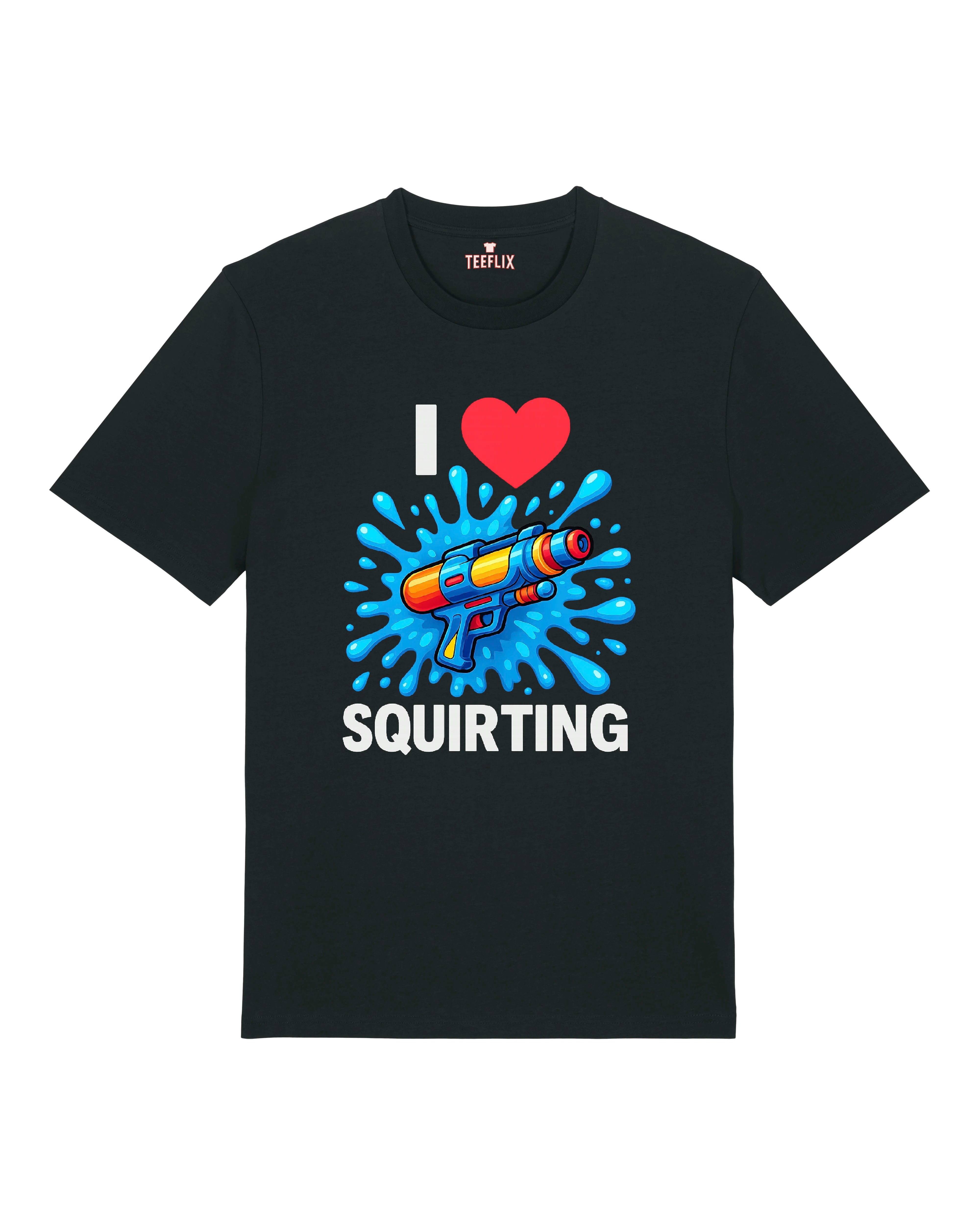 Schwarzes T-Shirt mit Aufdruck „I ❤️ Squirting“, bunter Wasserpistole und Wasserspritz-Motiv – lustiges Funshirt mit Doppeldeutigkeit.