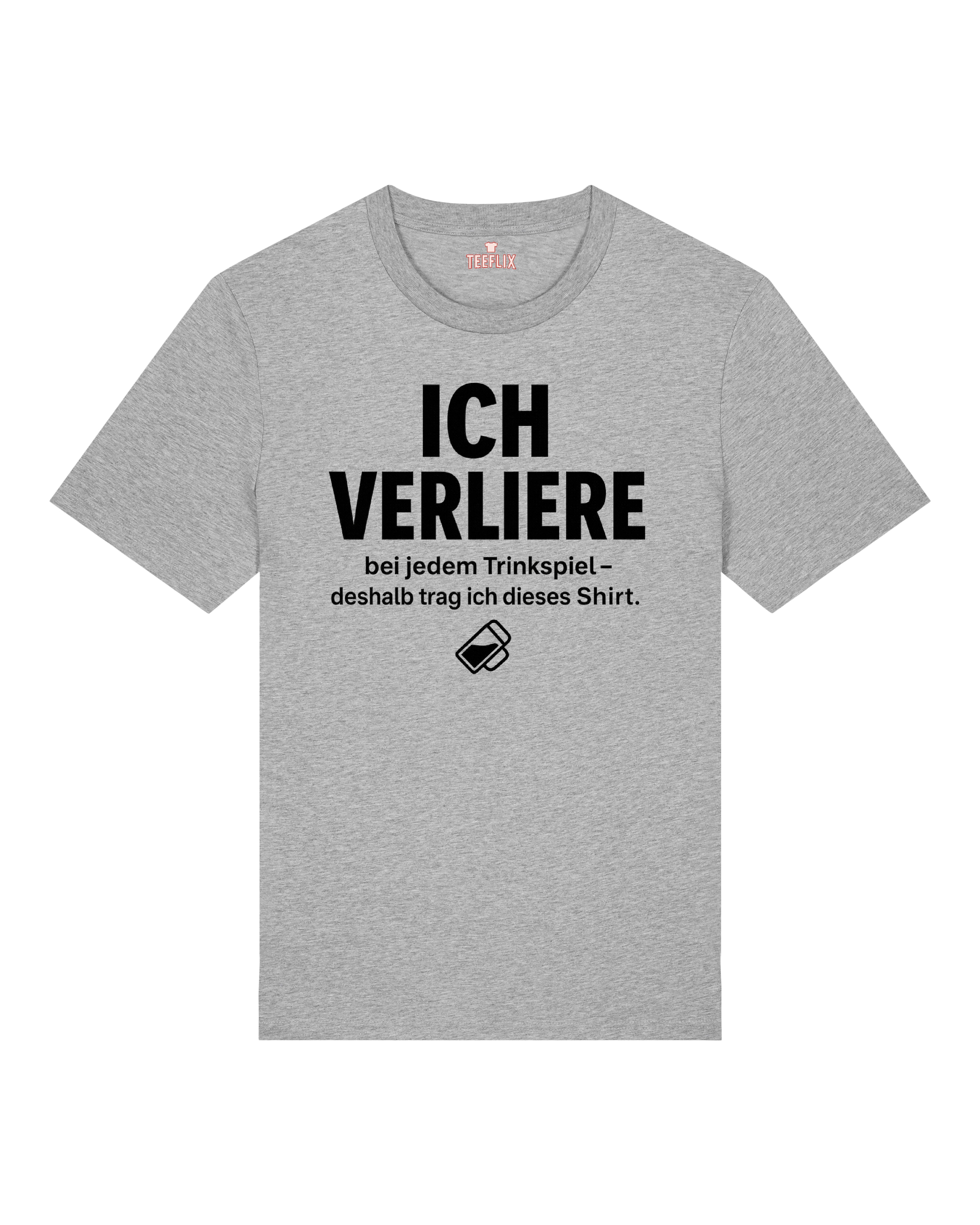 Graues T-Shirt mit dem Text „Ich verliere bei jedem Trinkspiel“ – ideales Shirt für Selbstironie und Partyspaß.