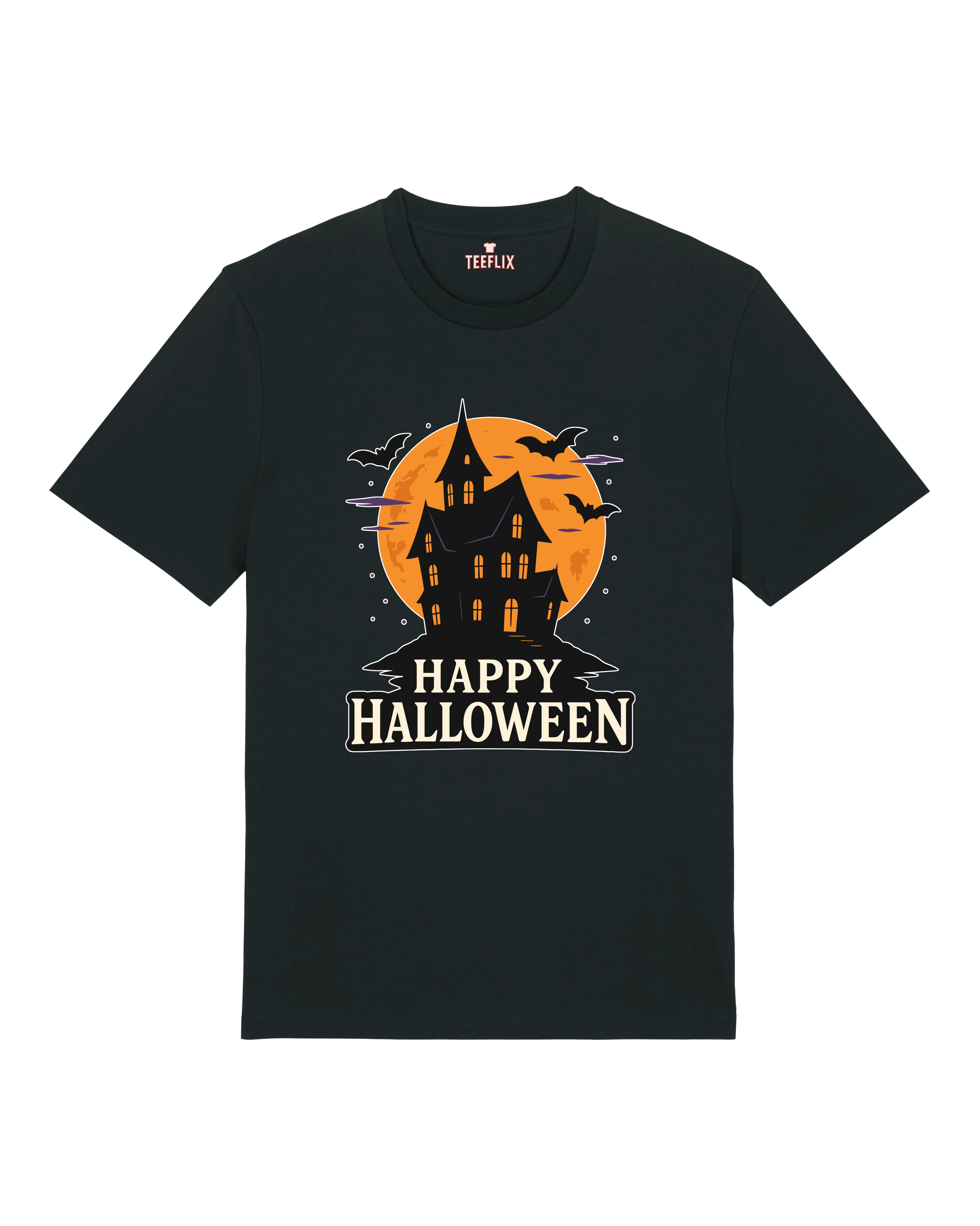 Schwarzes Halloween Shirt von Teeflix mit Spukhaus und Schriftzug "Happy Halloween" – Unisex Normal Fit