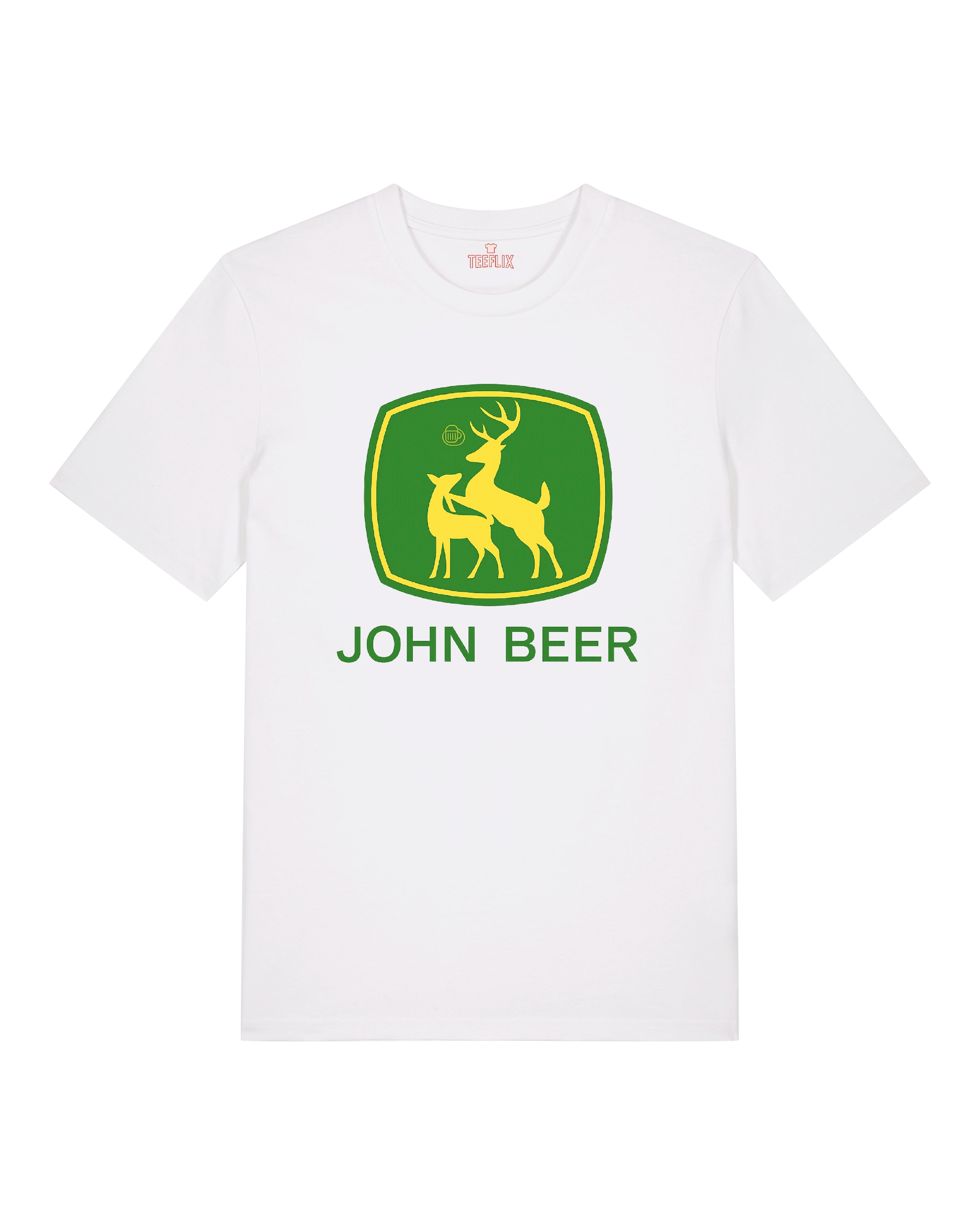 Weißes T-Shirt mit dem Aufdruck „John Beer“ und Hirschmotiv im Parodielook – ideal für humorvolle Bierliebhaber.
