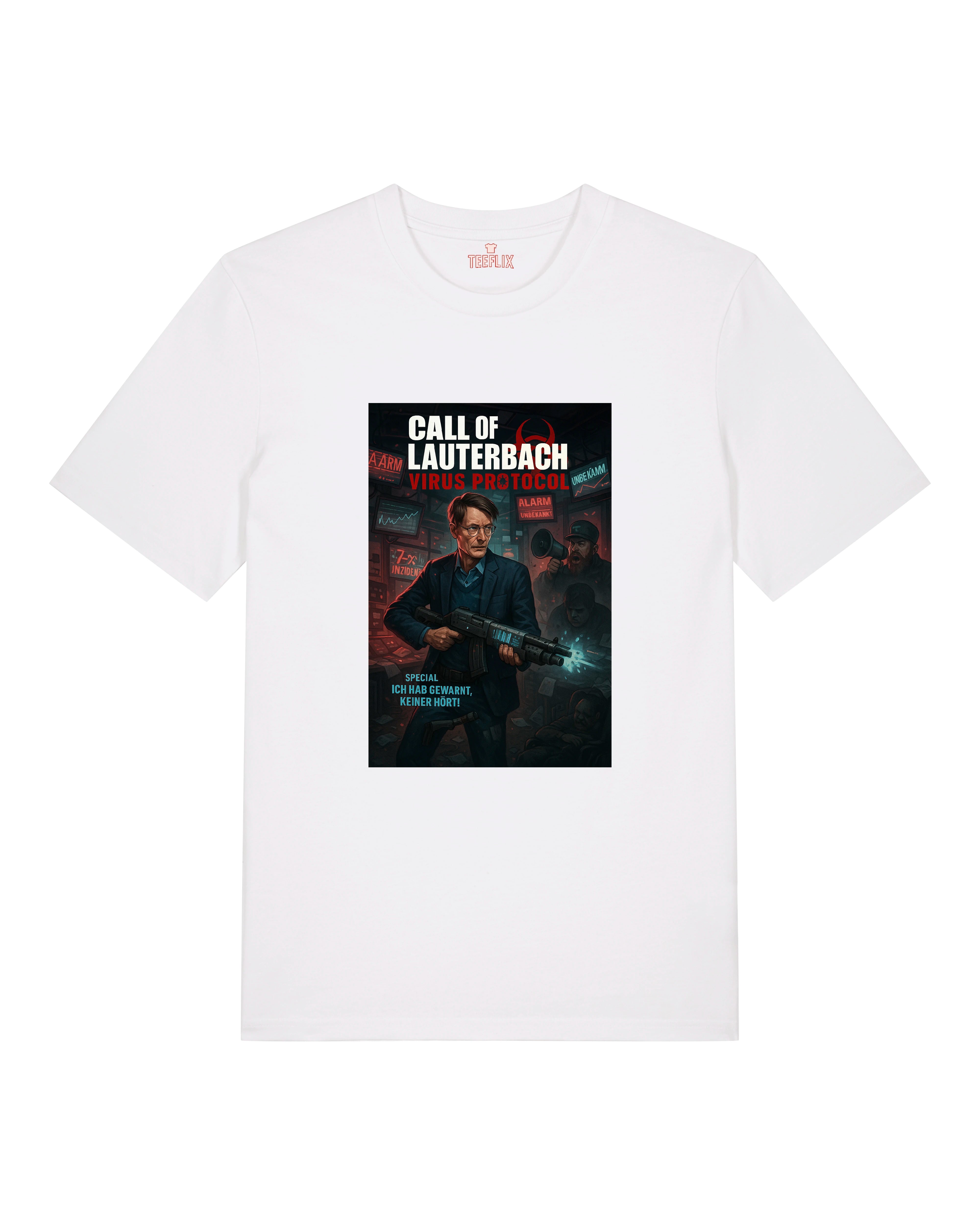 Weißes Shirt mit politischer Satire im Gaming-Stil.