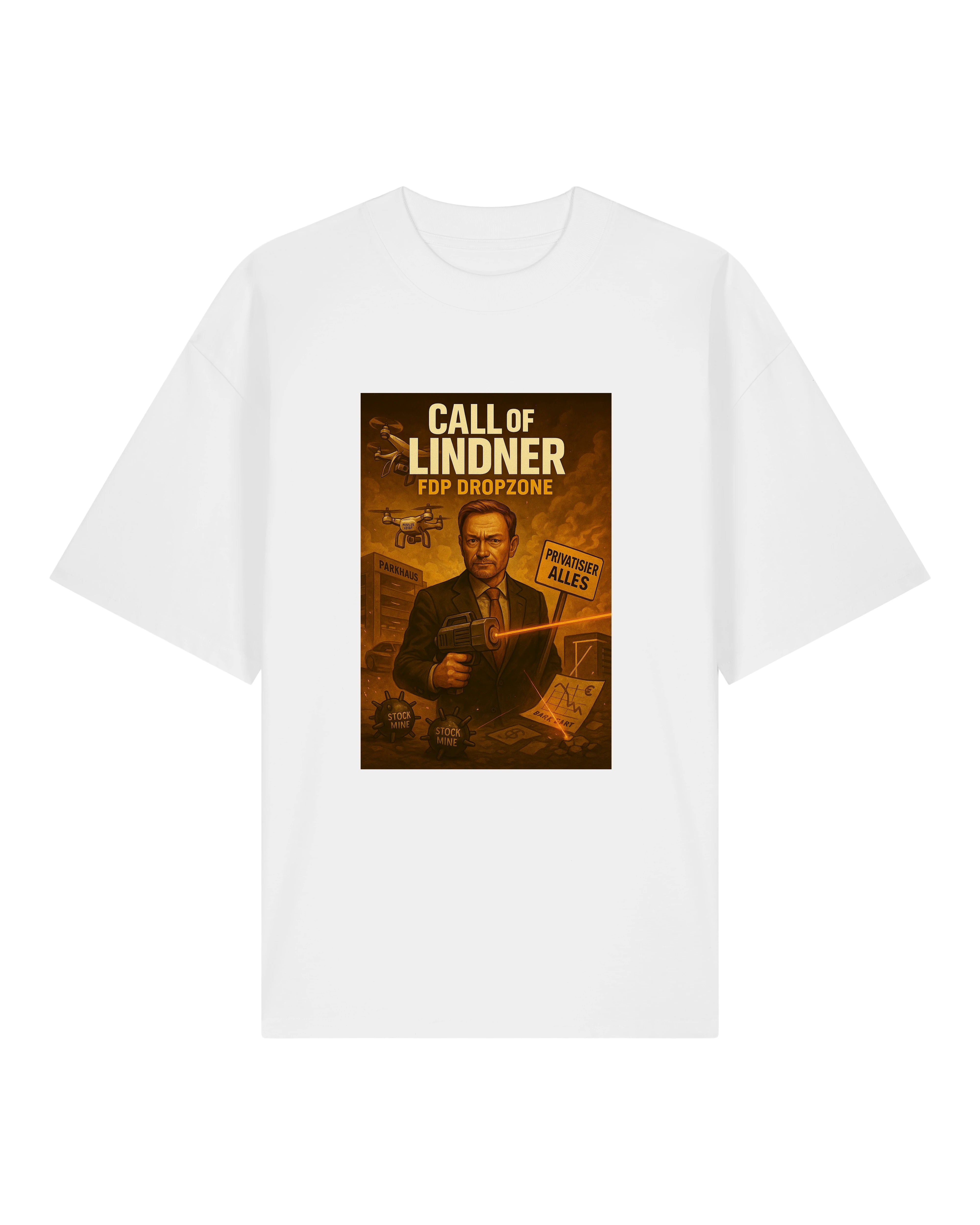 Weißes T-Shirt mit dem Motiv "Call of Lindner – FDP Dropzone". Polit-Satire trifft Retro-Game-Design.