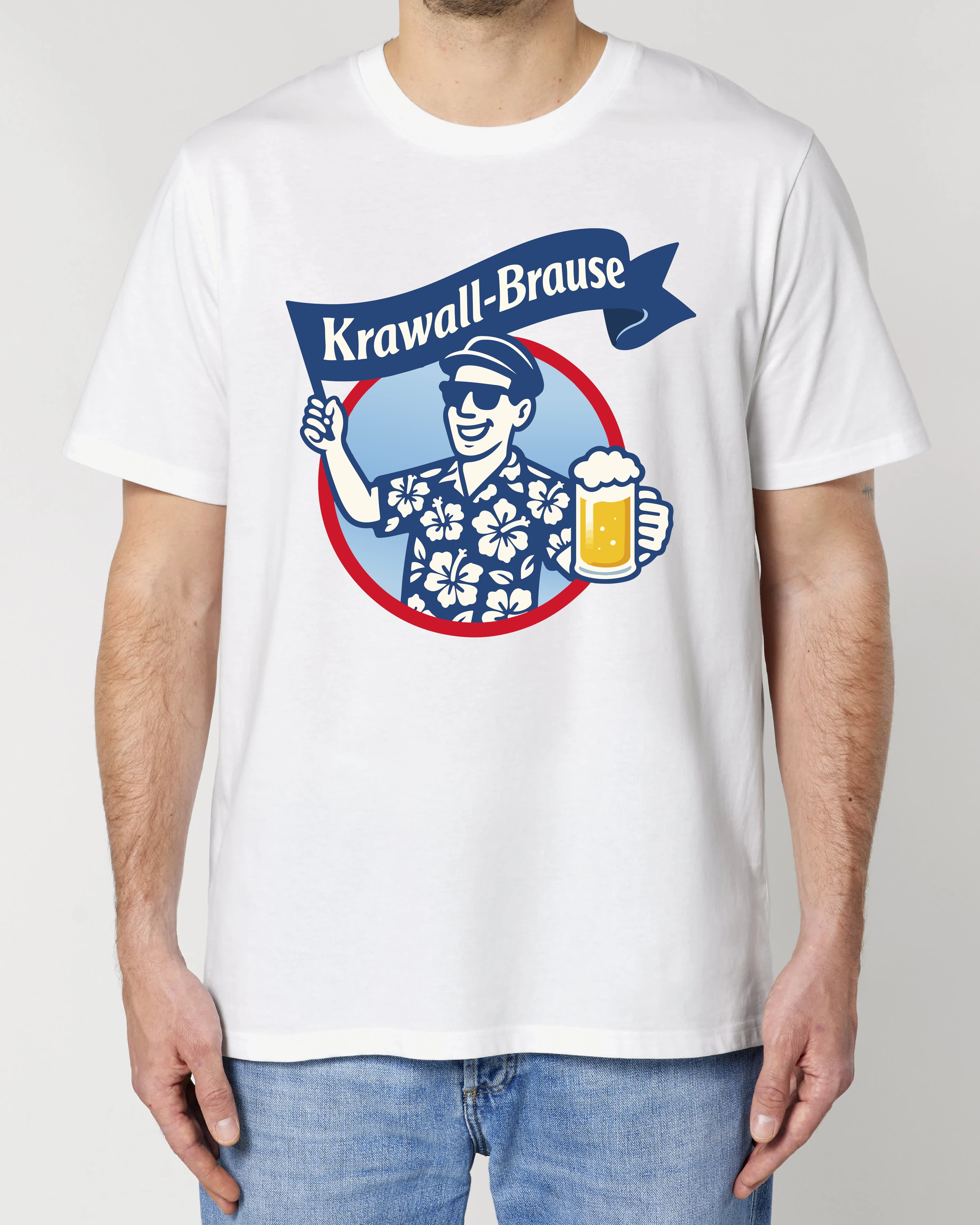 Lustiges T-Shirt mit Spruch „Krawallbrause“ – Mann mit Bier, Hawaiihemd, Sonnenbrille – Teeflix